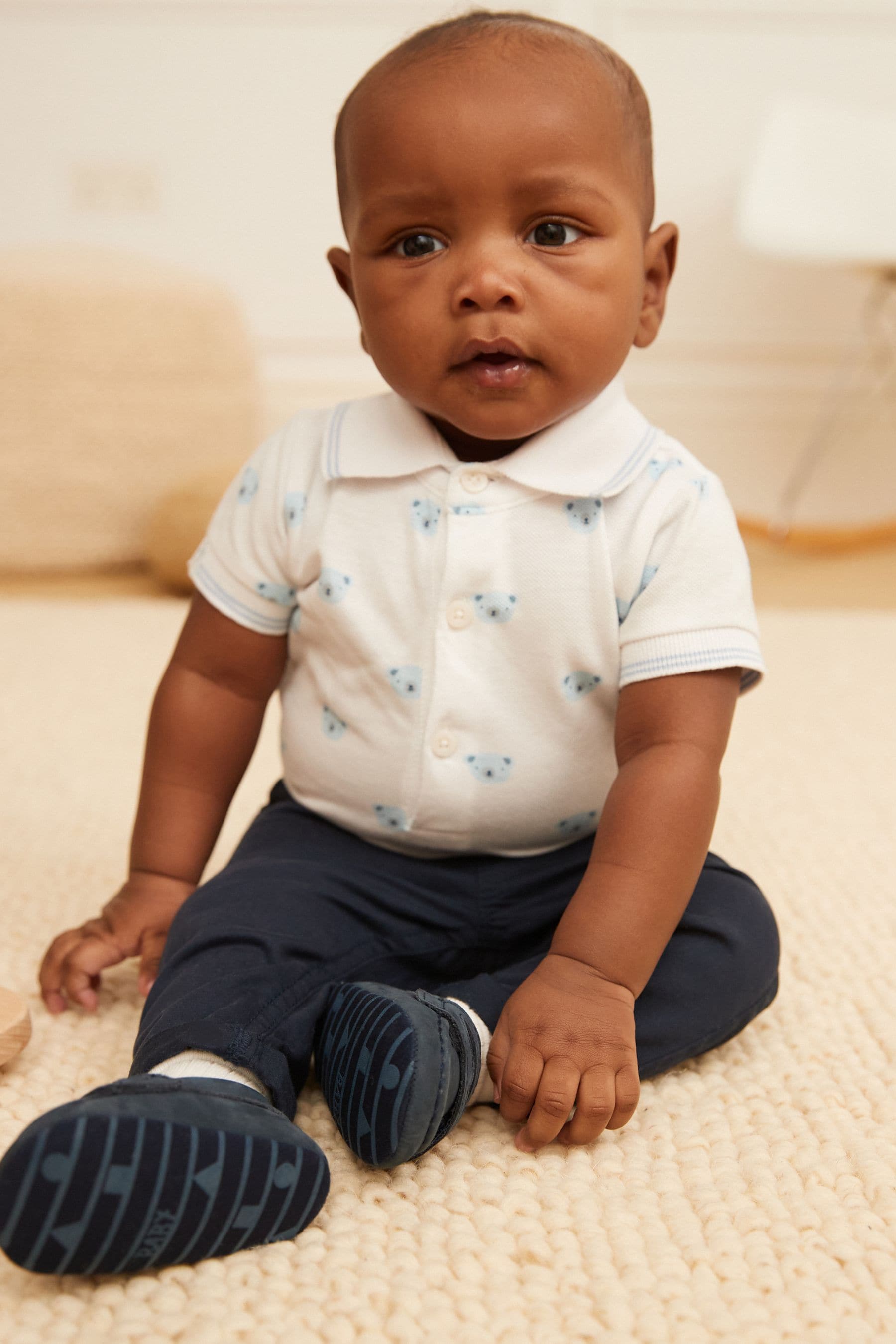 White/Blue Bear Baby Polo Shirt Bodysuit