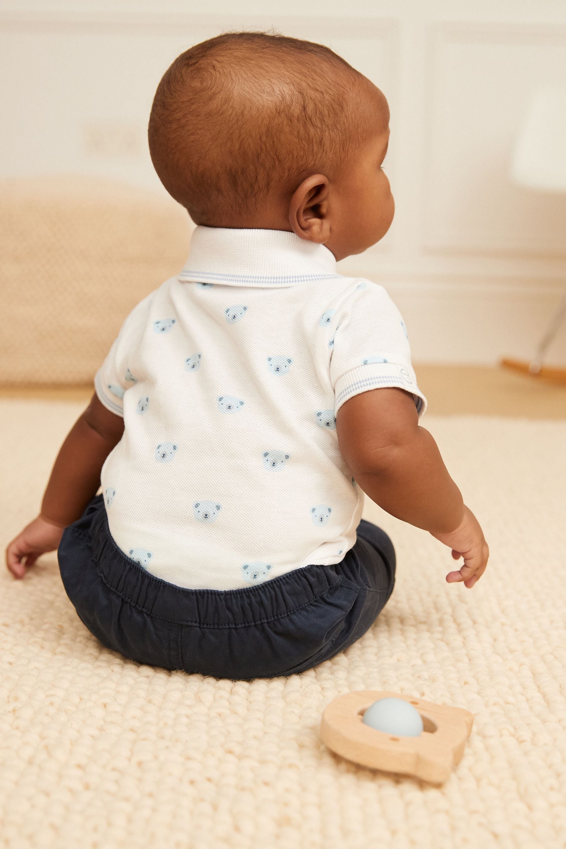 White/Blue Bear Baby Polo Shirt Bodysuit