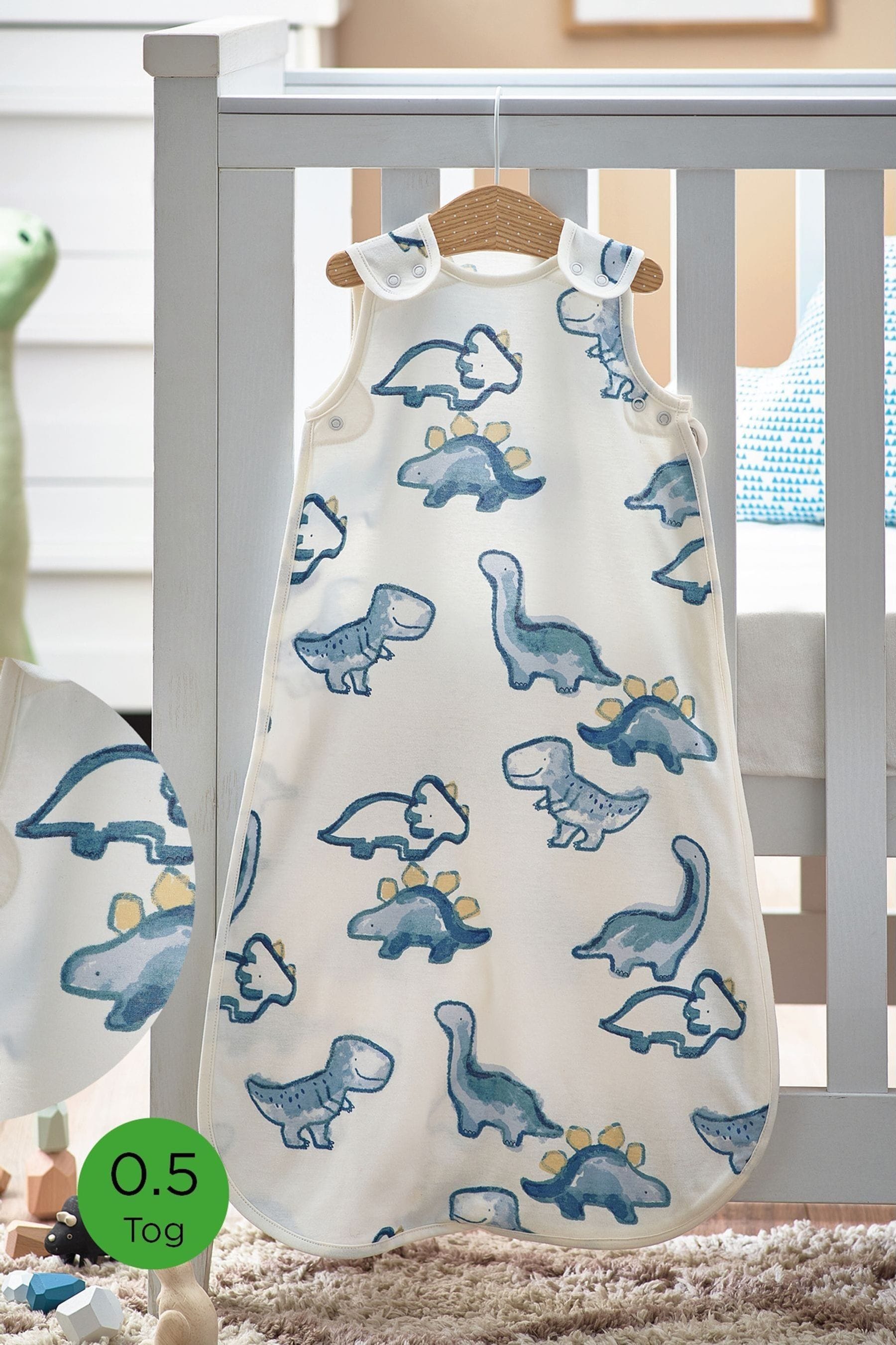 Blue Watercolour Dino Baby 100% Cotton 0.5 Tog Sleep Bag