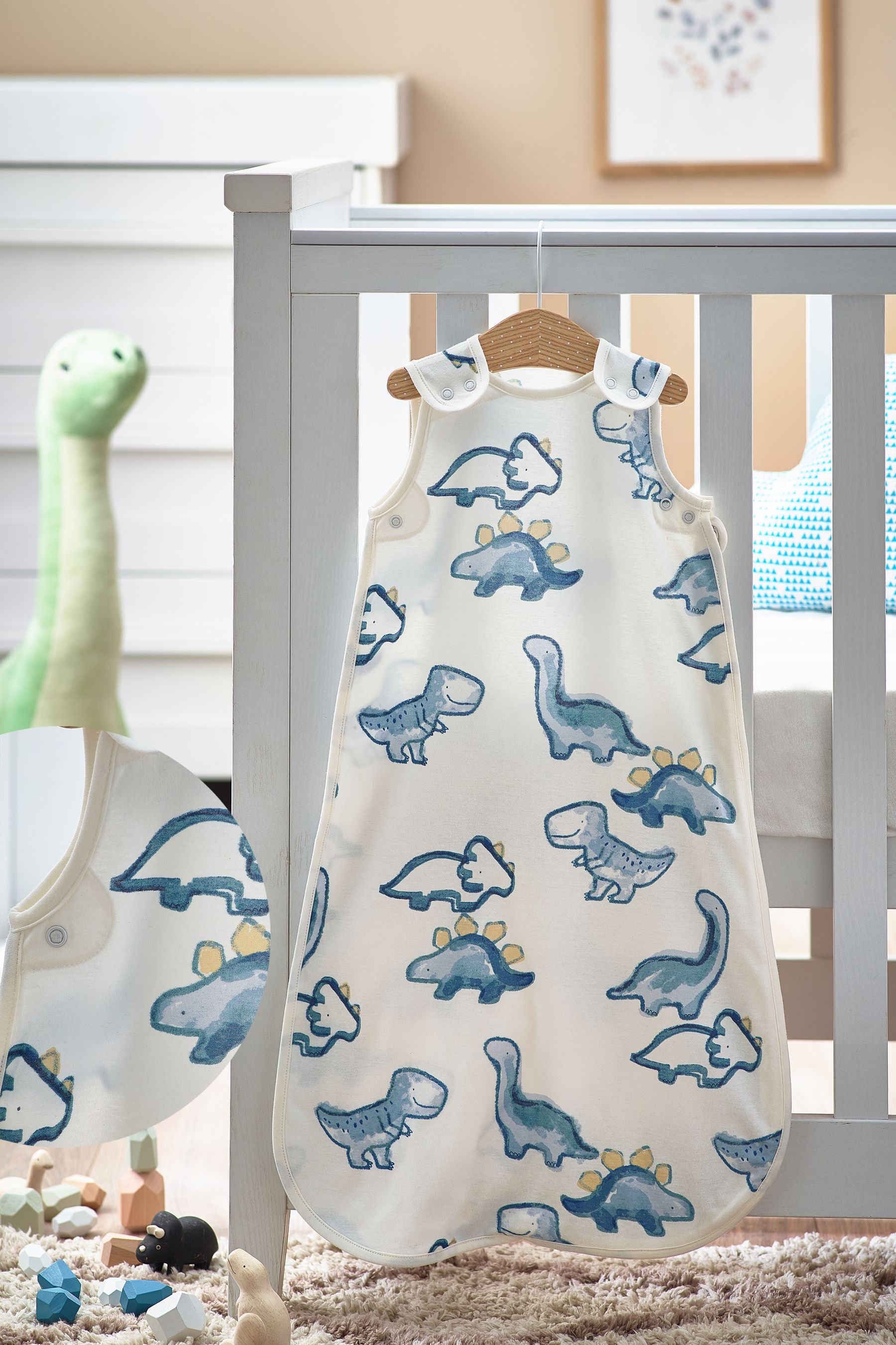 Blue Watercolour Dino Baby 100% Cotton 0.5 Tog Sleep Bag