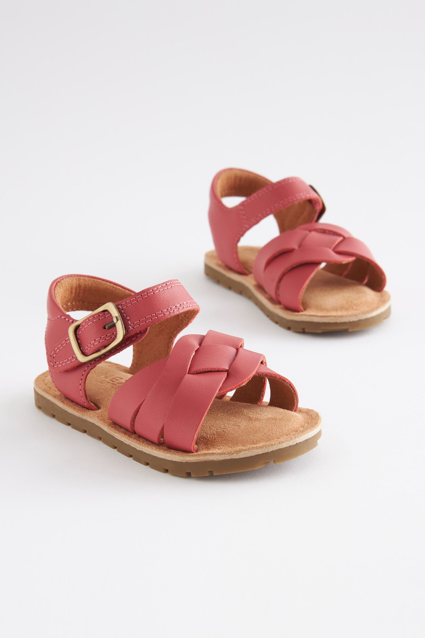 Pink Leather Woven Ankle Strap Sandals