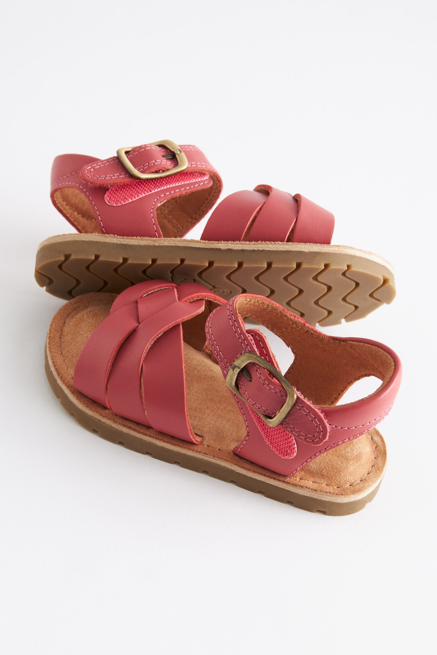 Pink Leather Woven Ankle Strap Sandals