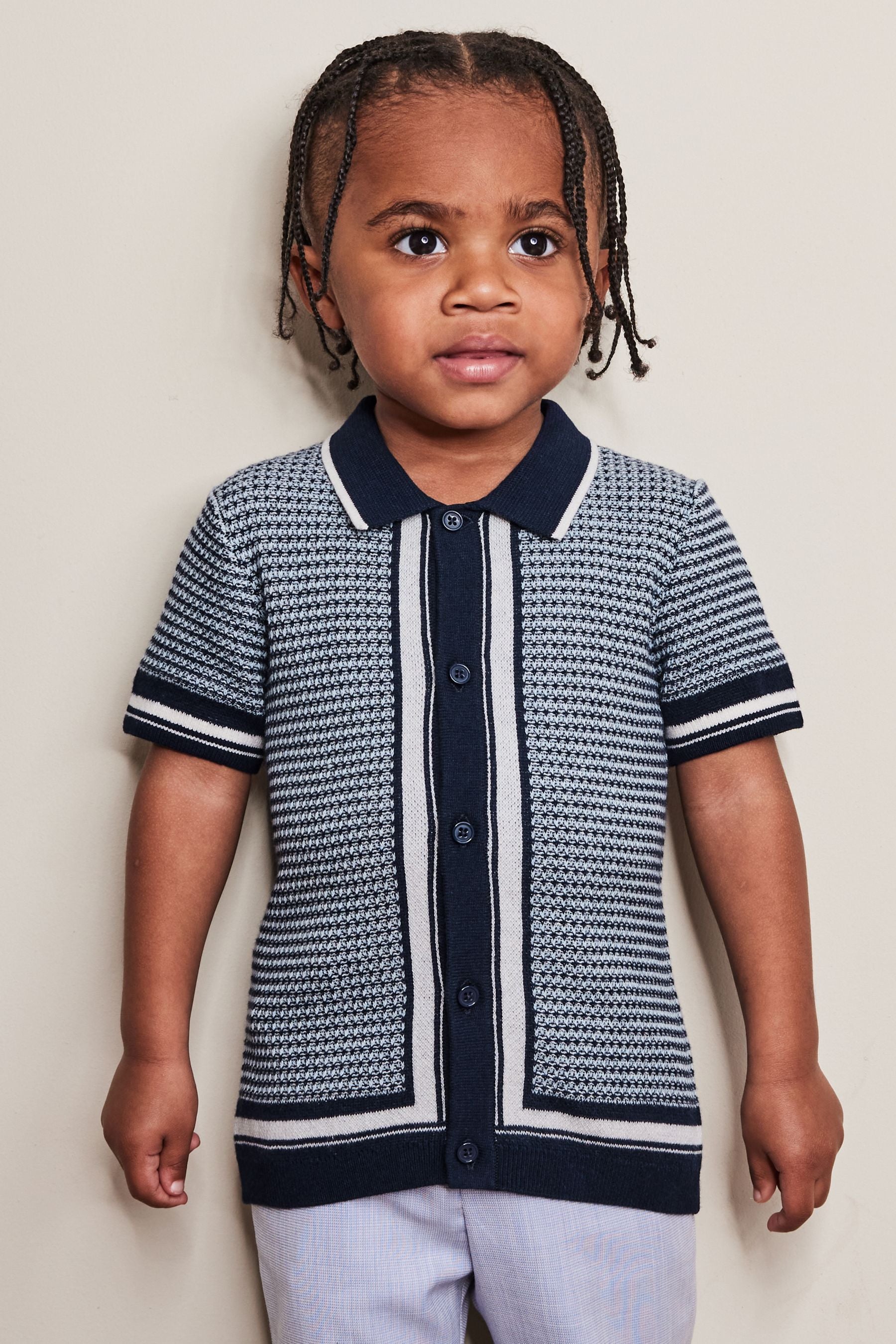 Navy Blue Knitted Button Through Polo Shirt (3mths-7yrs)