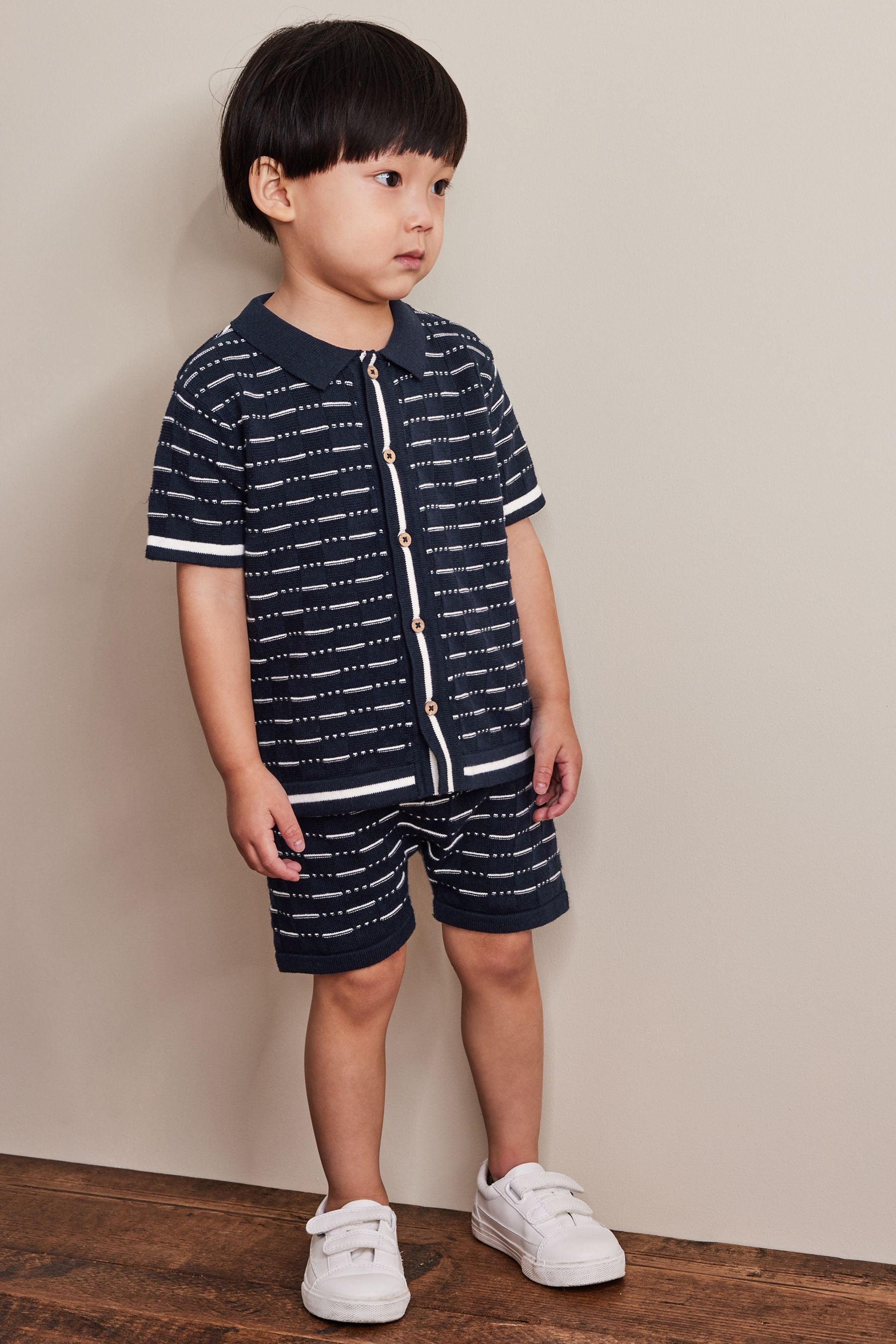 Navy Blue Knitted Shirt And Shorts Set (3mths-7yrs)