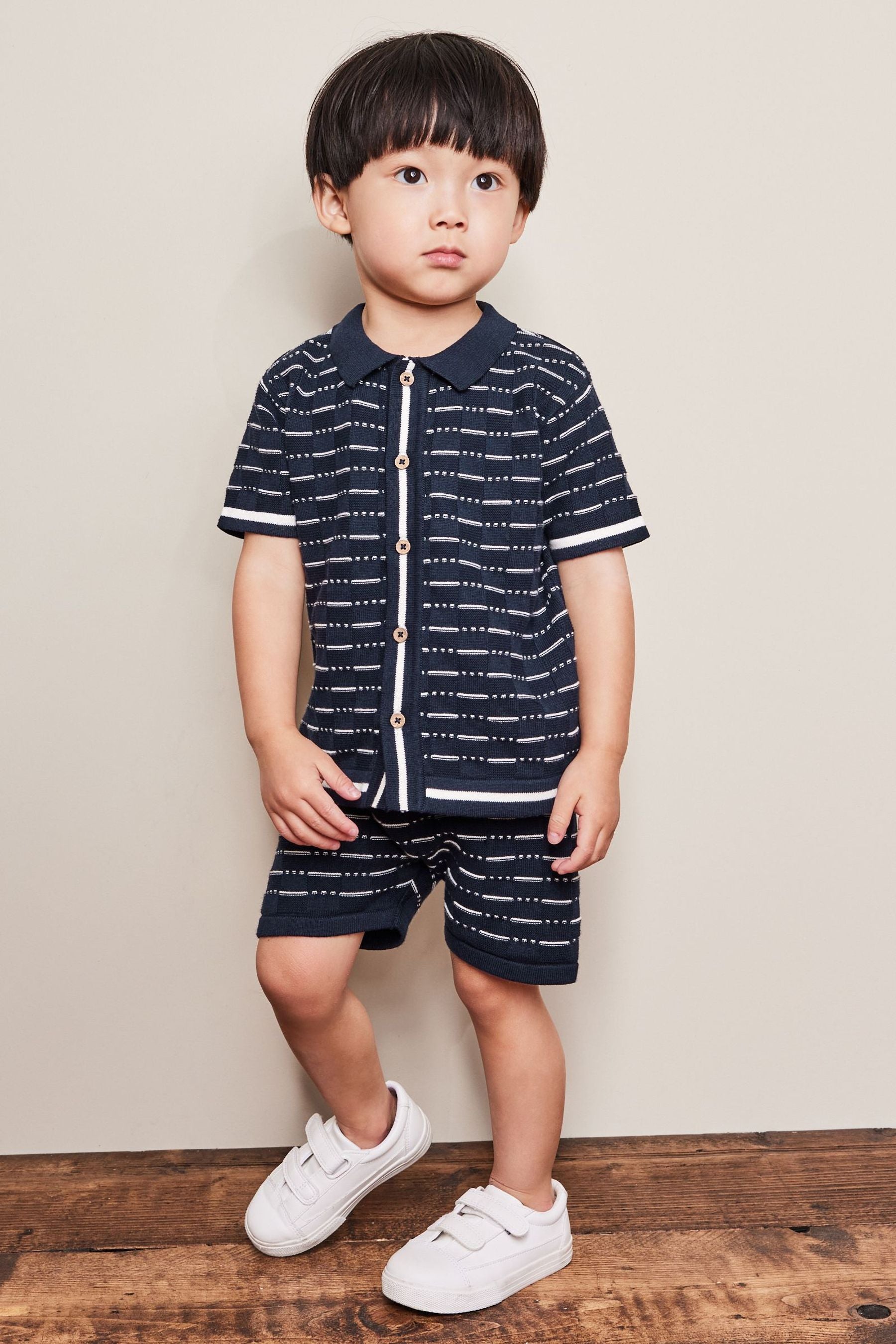 Navy Blue Knitted Shirt And Shorts Set (3mths-7yrs)