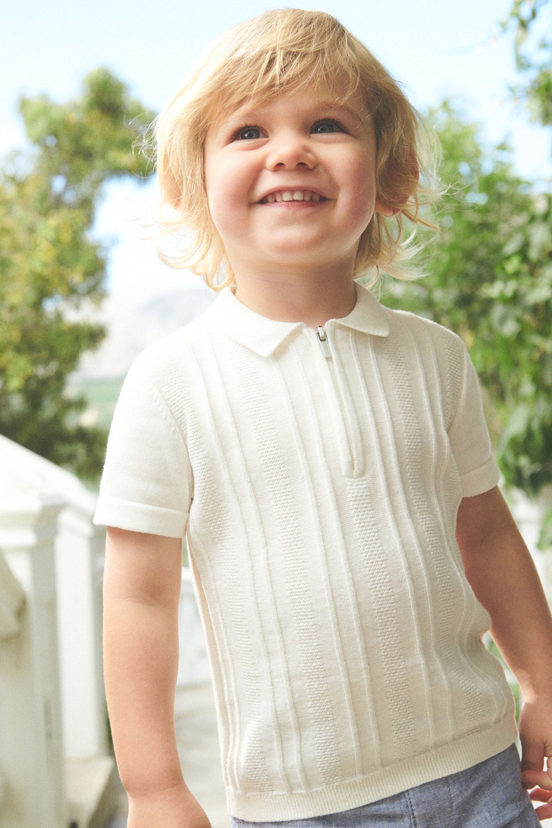 White Knitted Short Sleeve Textured Zip Neck Polo Shirt (3mths-7yrs)