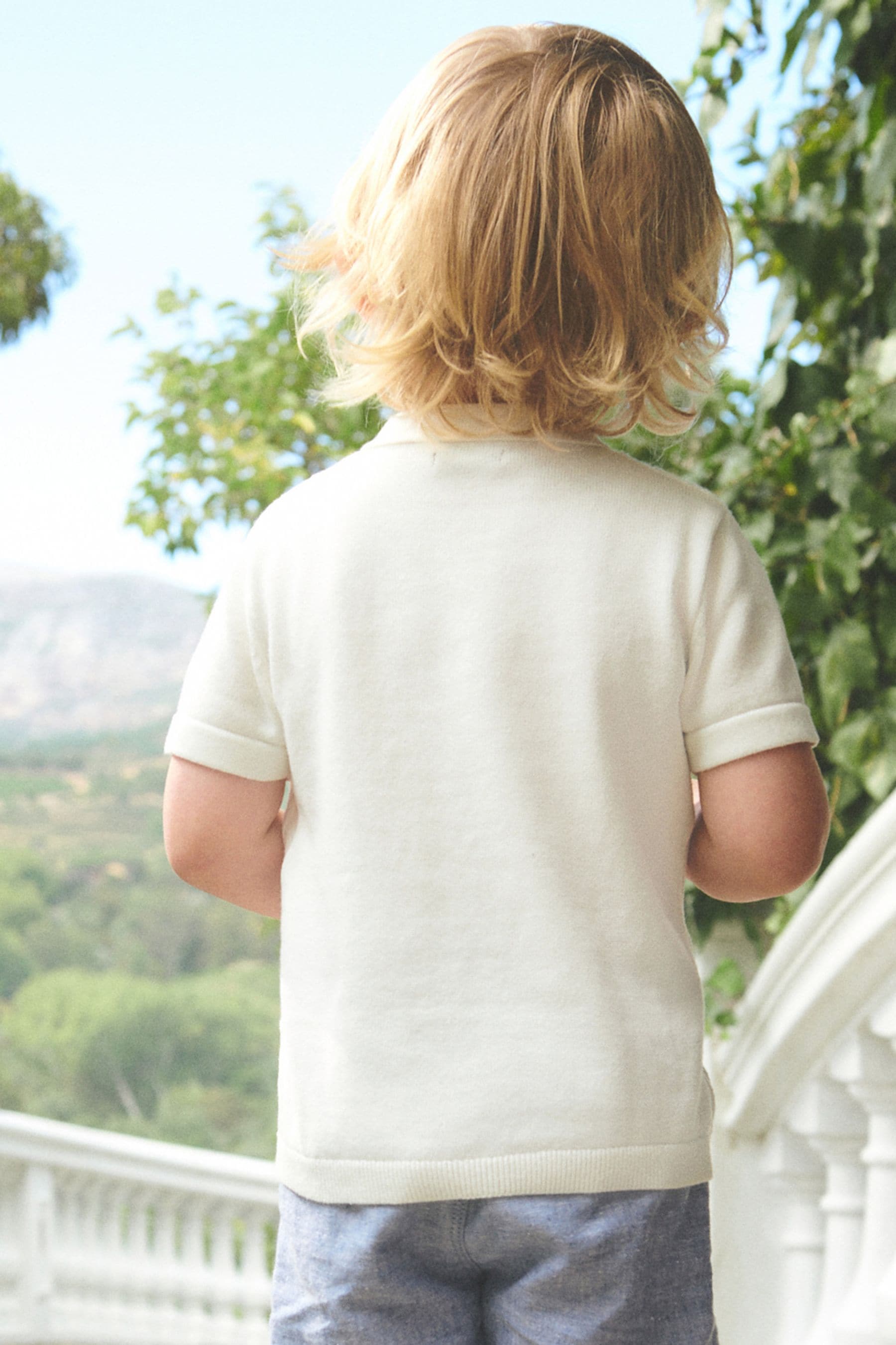 White Knitted Short Sleeve Textured Zip Neck Polo Shirt (3mths-7yrs)