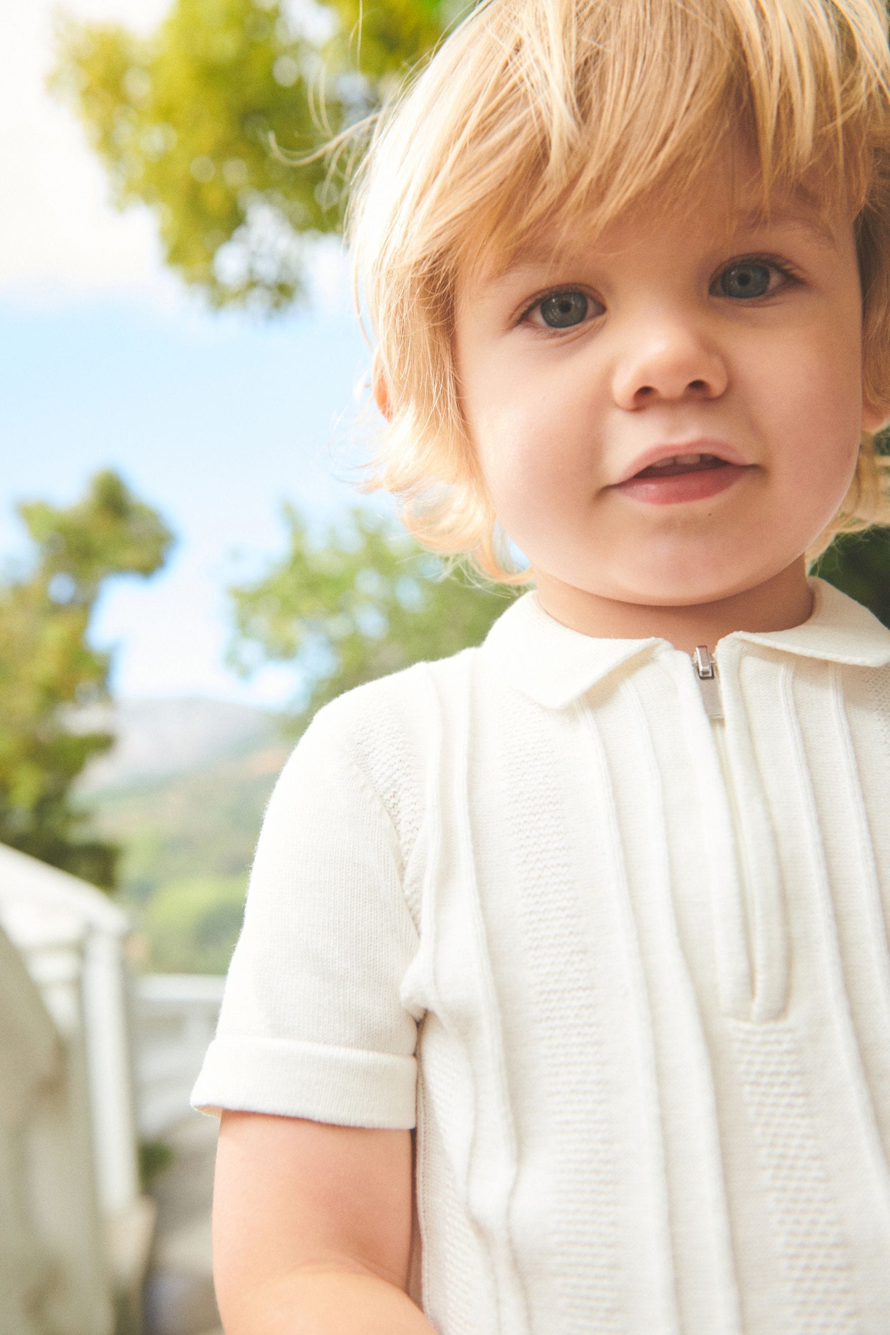 White Knitted Short Sleeve Textured Zip Neck Polo Shirt (3mths-7yrs)