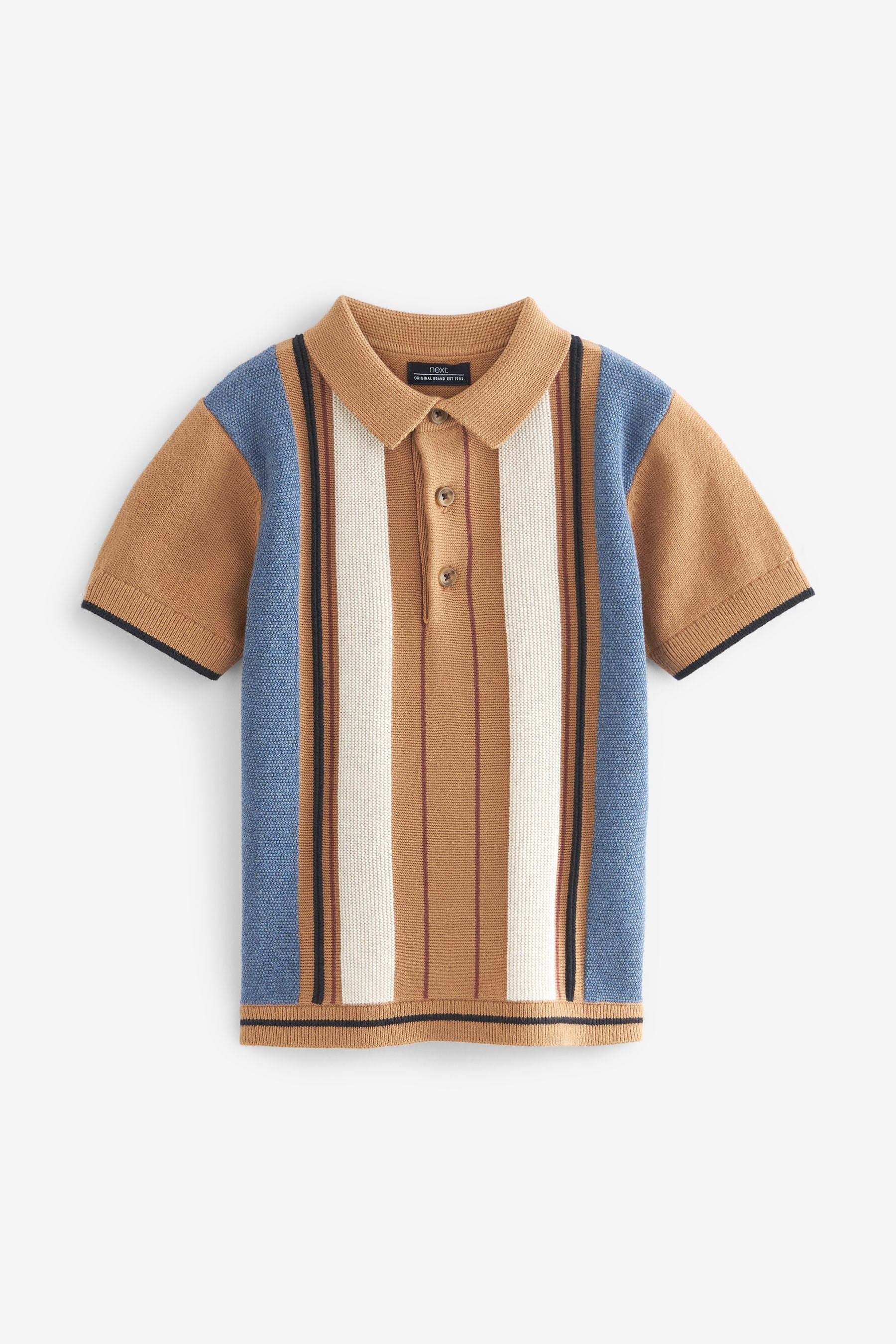 Brown/Navy Blue Knitted Vertical Patterned Short Sleeve Polo Shirt (3mths-7yrs)