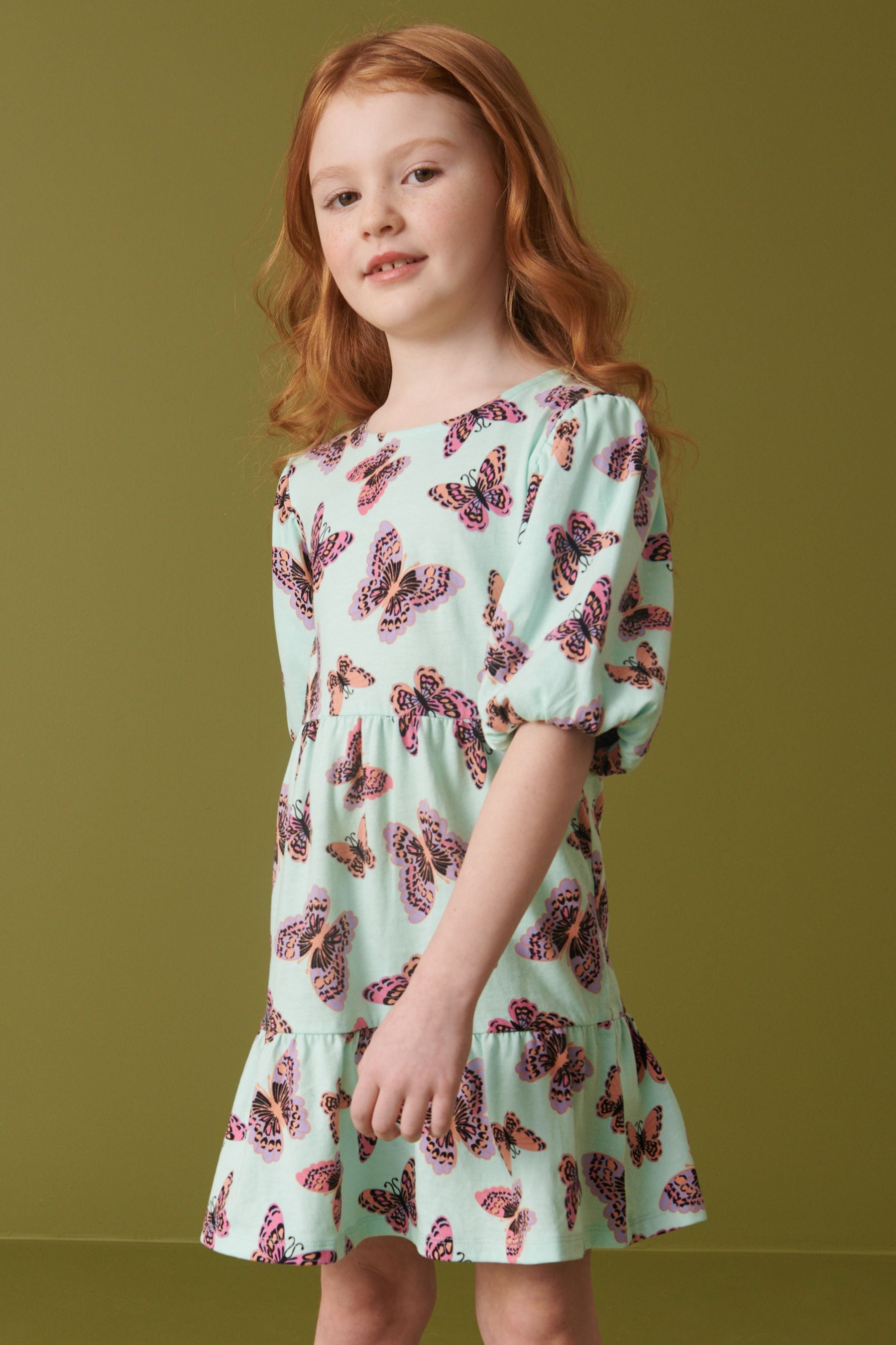 Print Puff Sleeved Tiered Jersey Dress (3-16yrs)