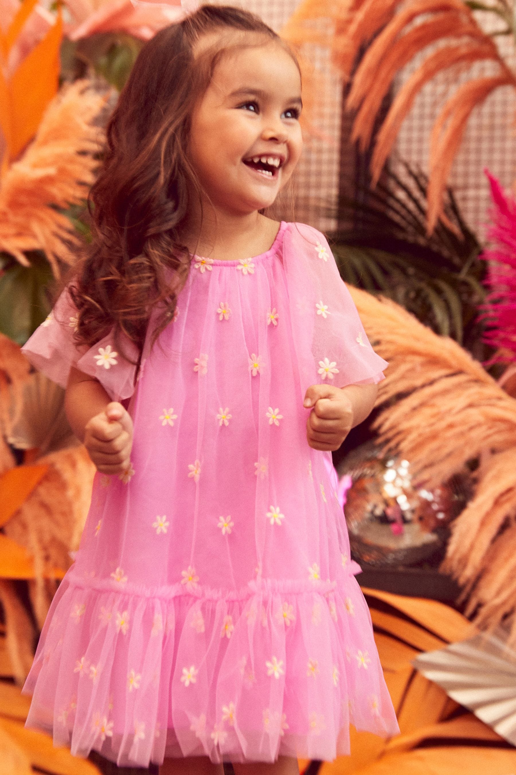 Pink Daisy Embroidered Mesh Dress (3mths-8yrs)