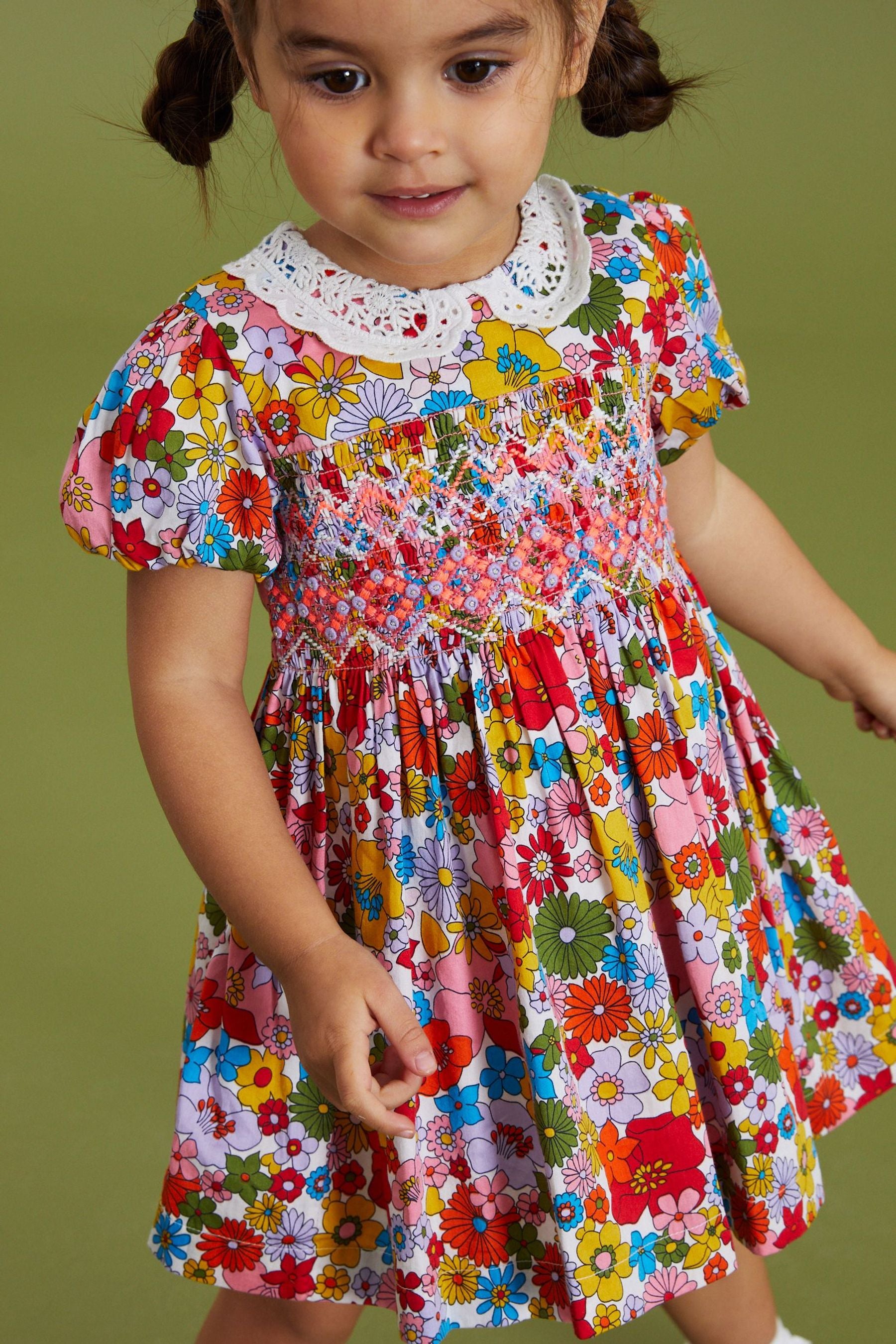 Multi Bright Retro Printed Lace Collar Shirred Cotton Dress (3mths-7yrs)