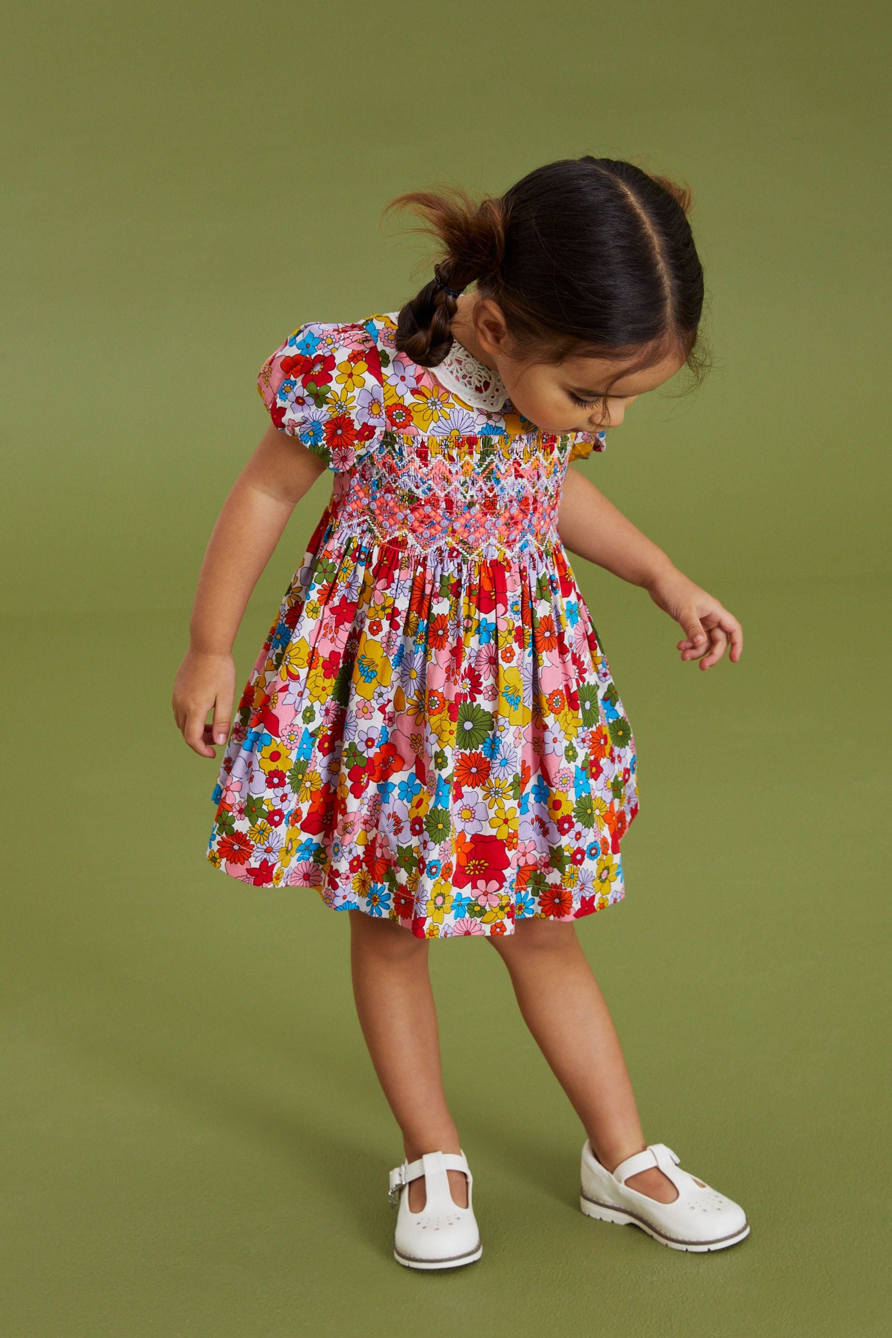 Multi Bright Retro Printed Lace Collar Shirred Cotton Dress (3mths-7yrs)