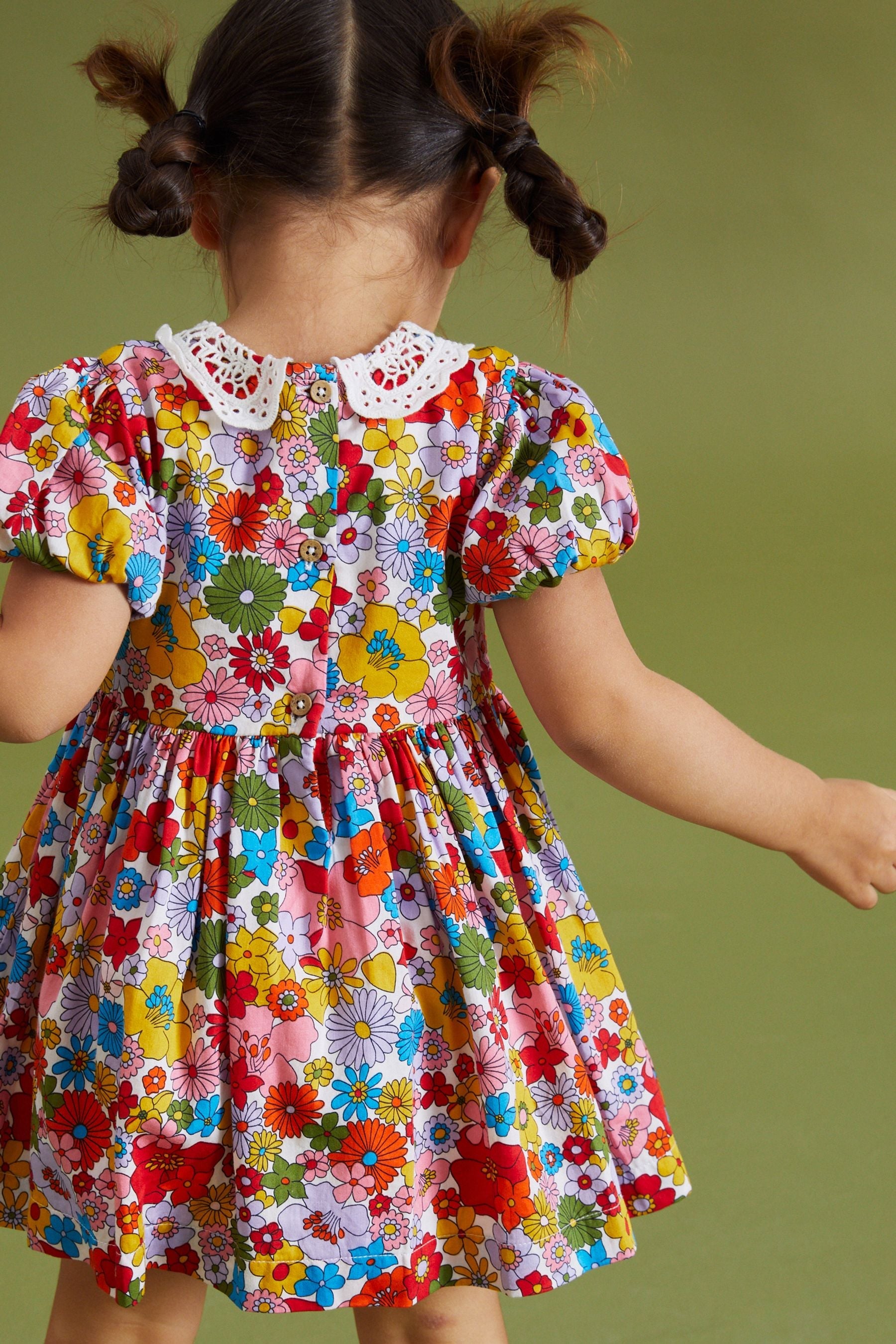 Multi Bright Retro Printed Lace Collar Shirred Cotton Dress (3mths-7yrs)