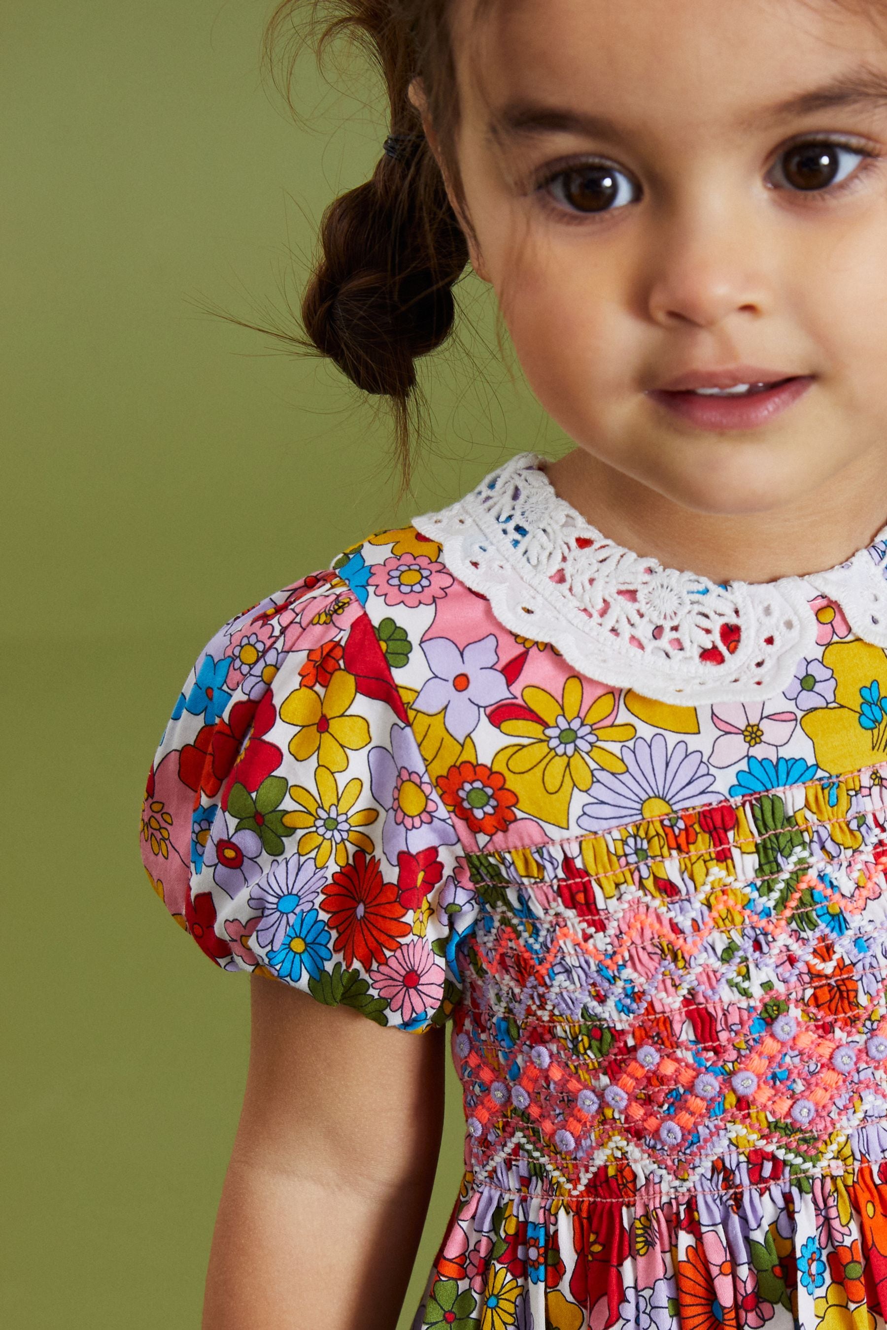 Multi Bright Retro Printed Lace Collar Shirred Cotton Dress (3mths-7yrs)