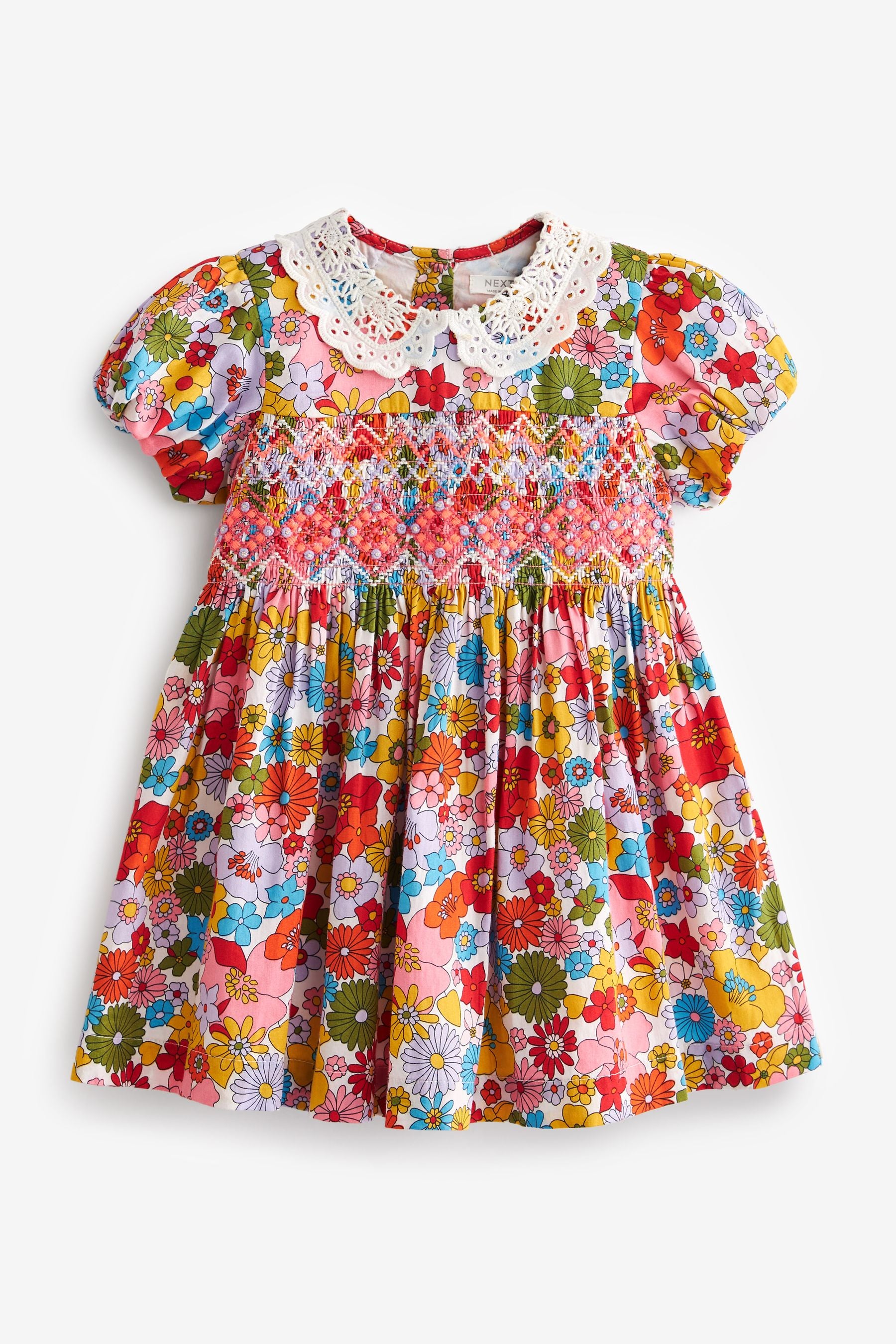 Multi Bright Retro Printed Lace Collar Shirred Cotton Dress (3mths-7yrs)