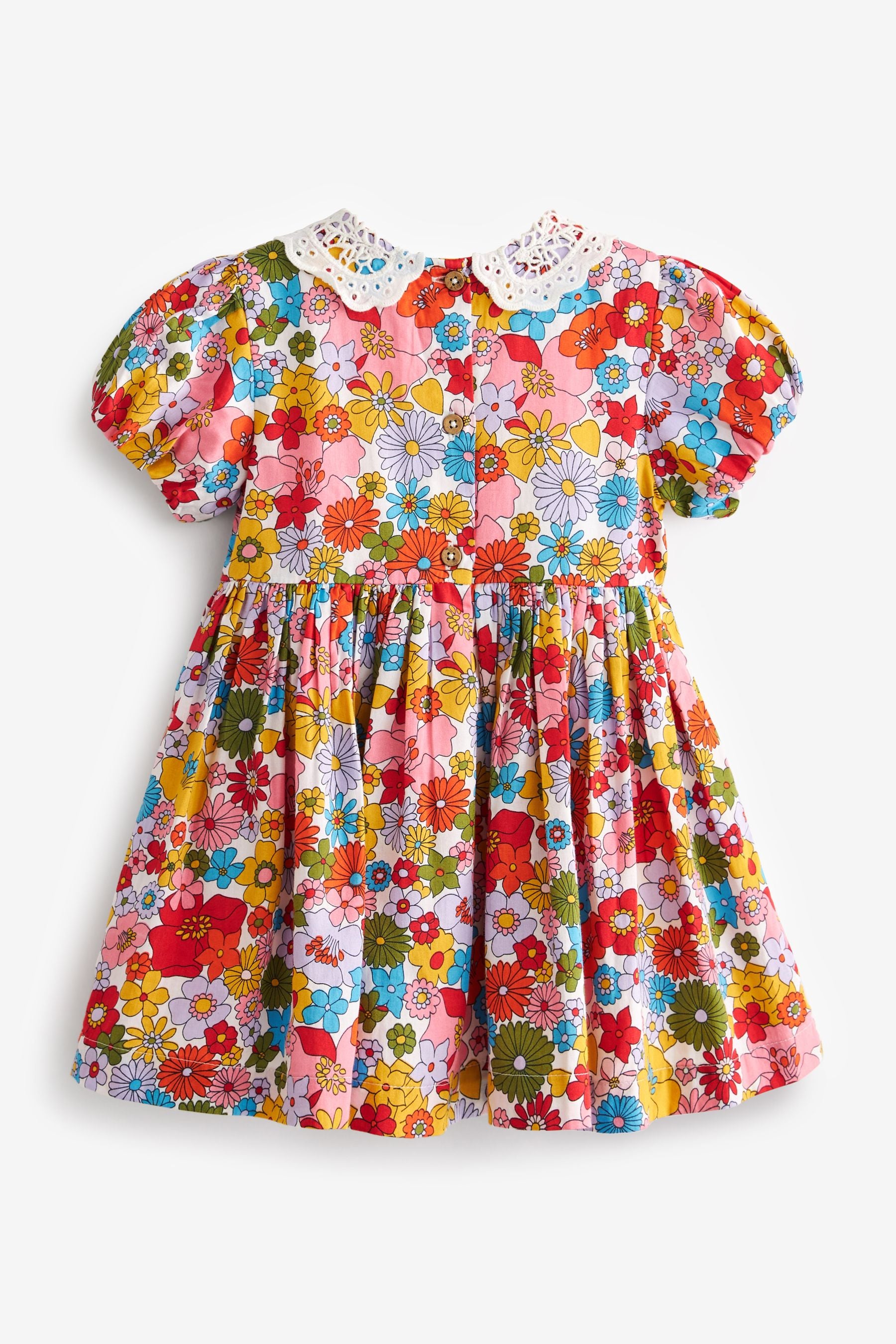 Multi Bright Retro Printed Lace Collar Shirred Cotton Dress (3mths-7yrs)