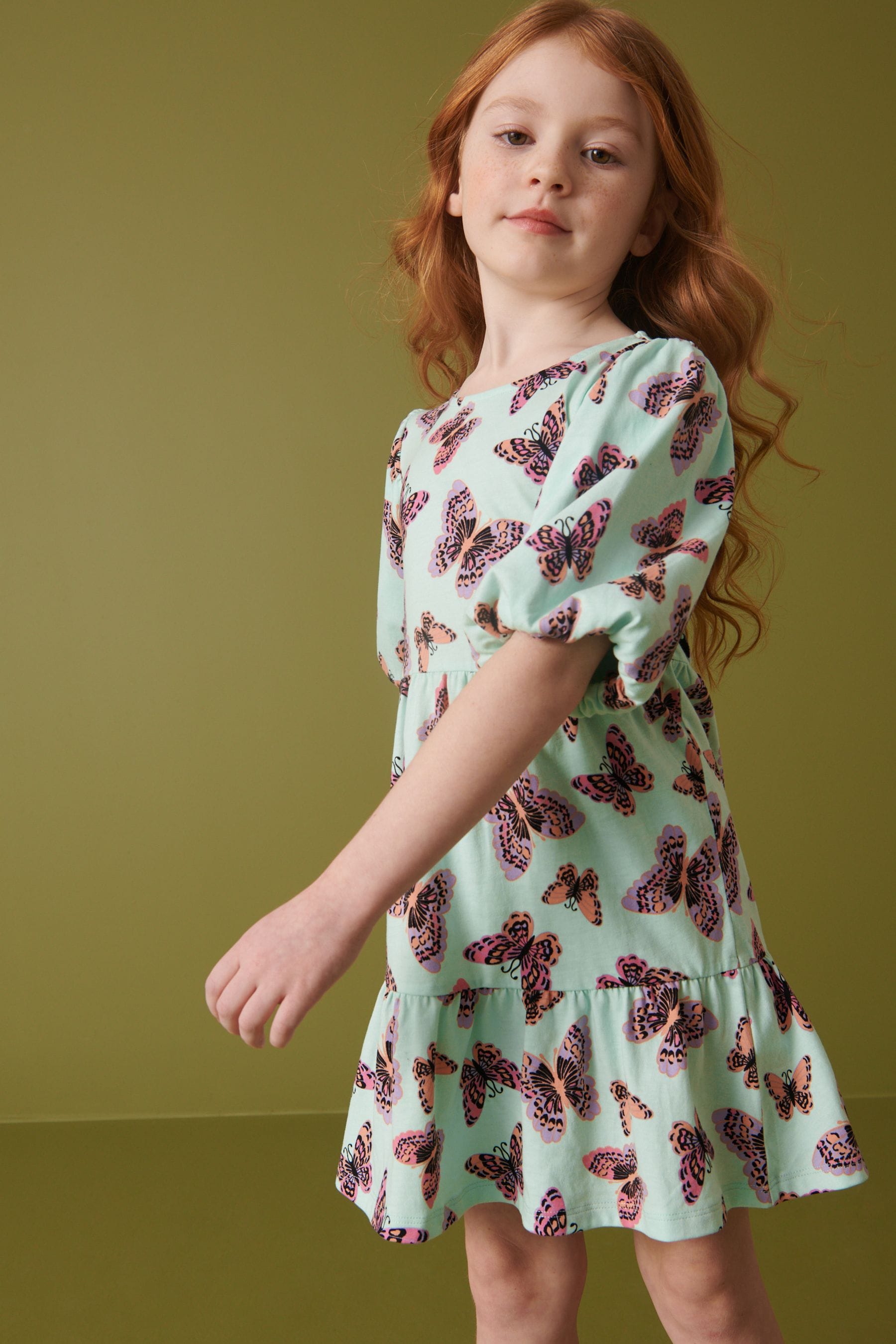 Print Puff Sleeved Tiered Jersey Dress (3-16yrs)