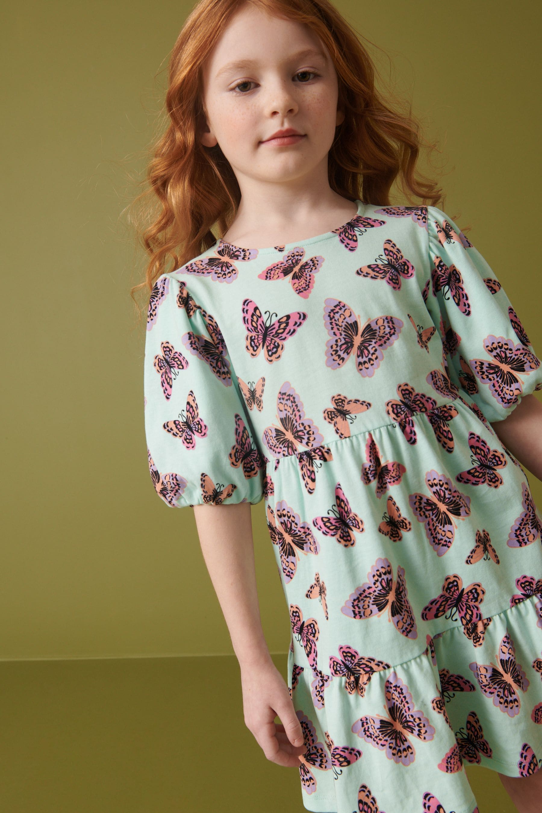 Print Puff Sleeved Tiered Jersey Dress (3-16yrs)