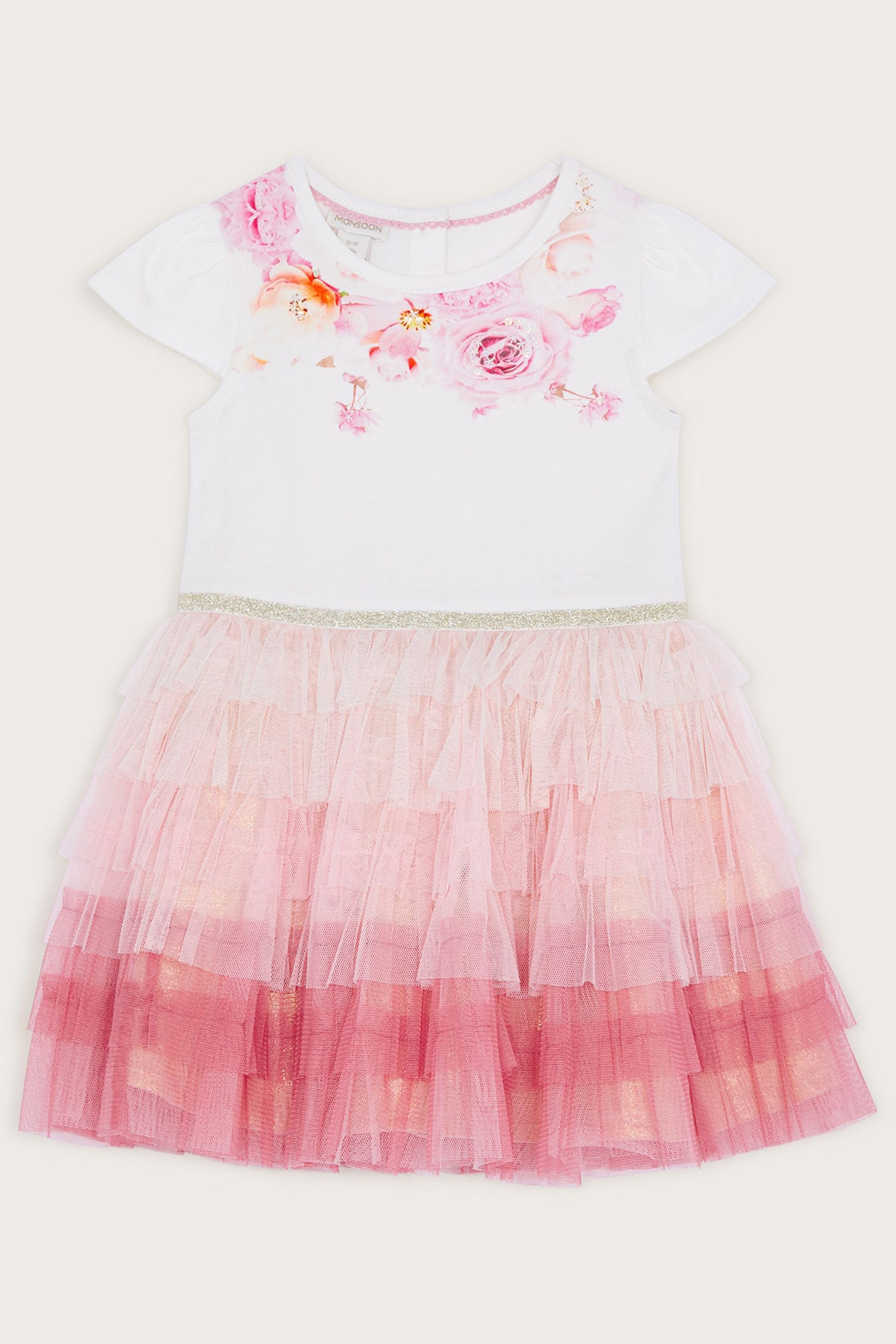 Pink Monsoon Baby Pink Floral Placement Tiered Dress