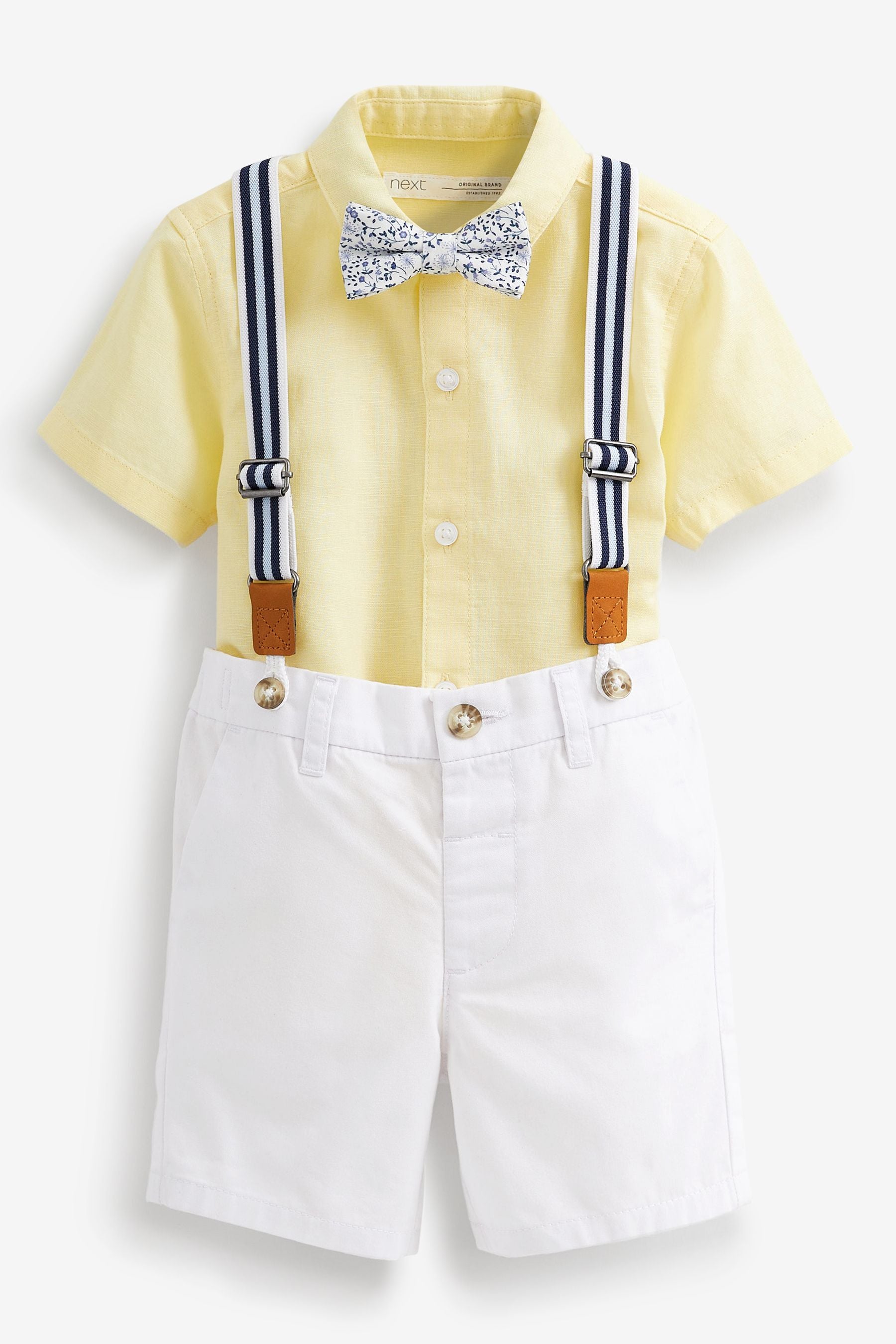 Yellow Shirt, Shorts And Bow Tie Set With Braces (3mths-9yrs)