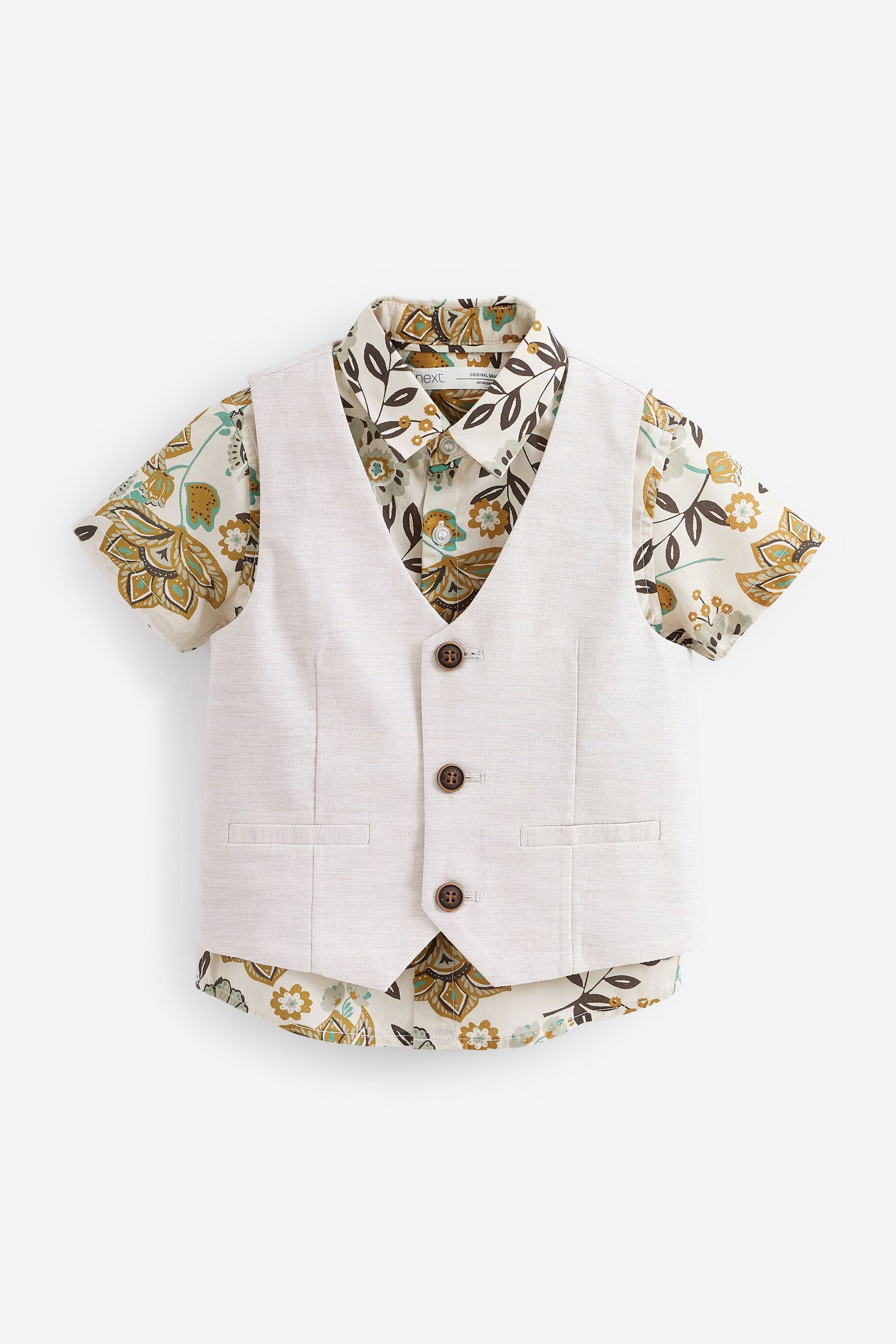 Ecru Tropical Print 2pc Waistcoat & Shirt Set (3mths-9yrs)