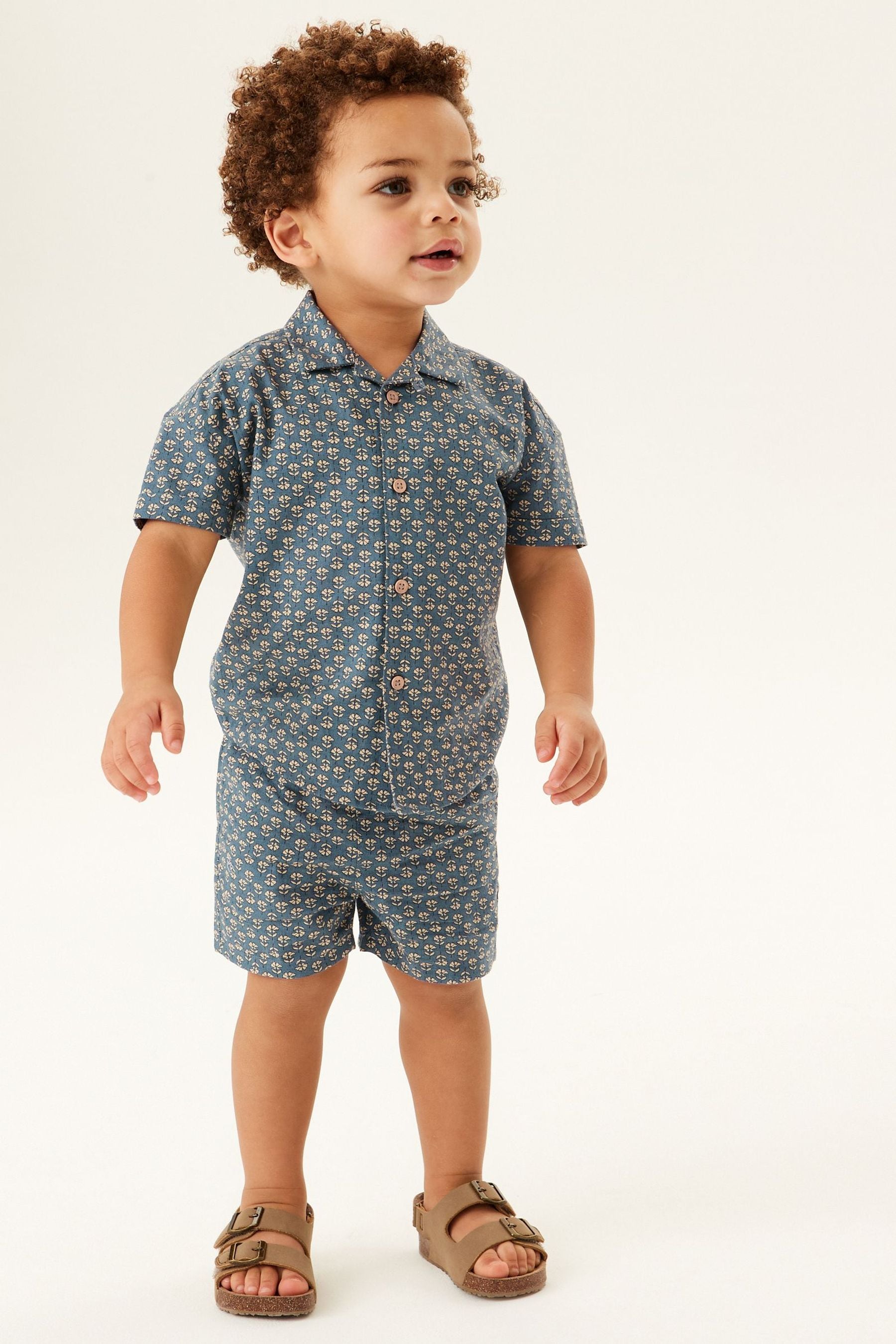 Blue/Ecru Cream Block Print Shirt and Shorts Set (3mths-12yrs)