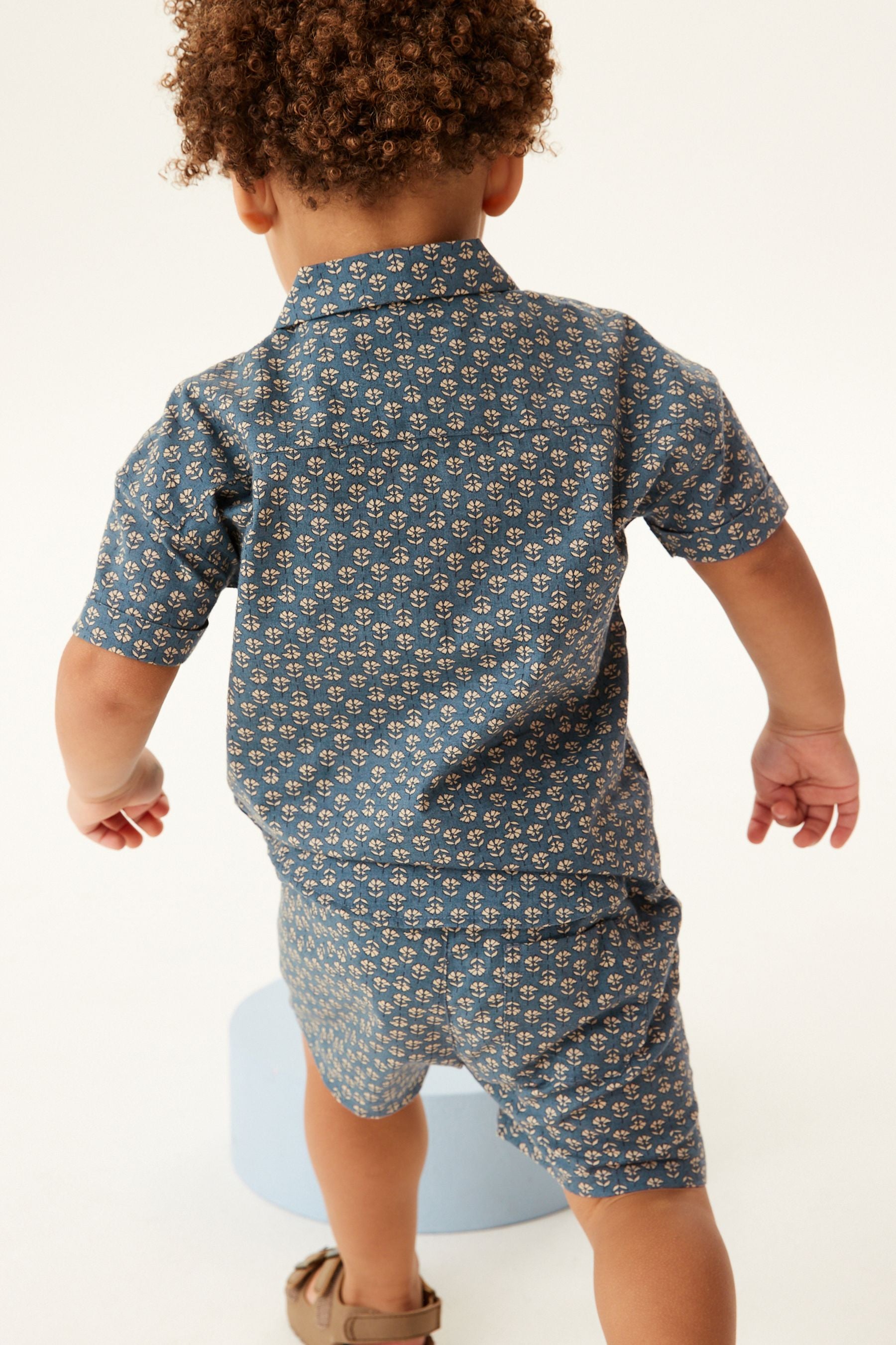 Blue/Ecru Cream Block Print Shirt and Shorts Set (3mths-12yrs)