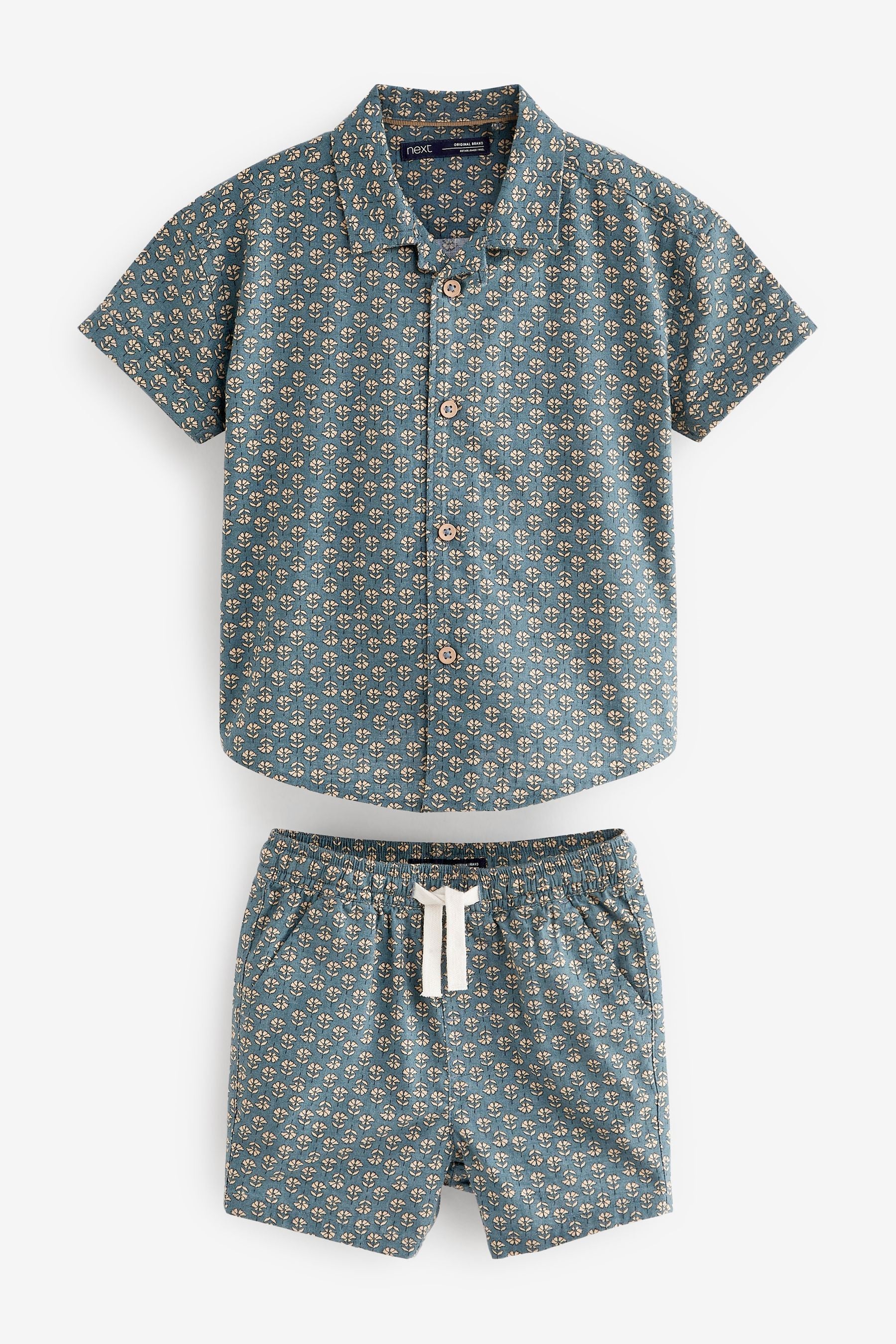 Blue/Ecru Cream Block Print Shirt and Shorts Set (3mths-12yrs)