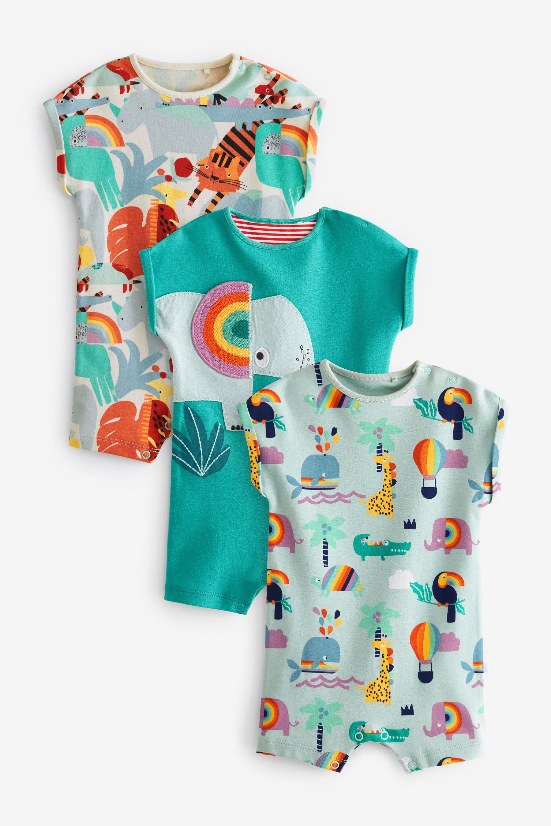 Teal Blue Elephant Baby Rompers 3 Pack