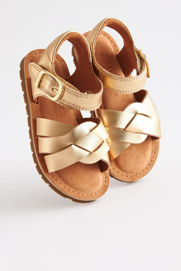 Gold Leather Woven Ankle Strap Sandals