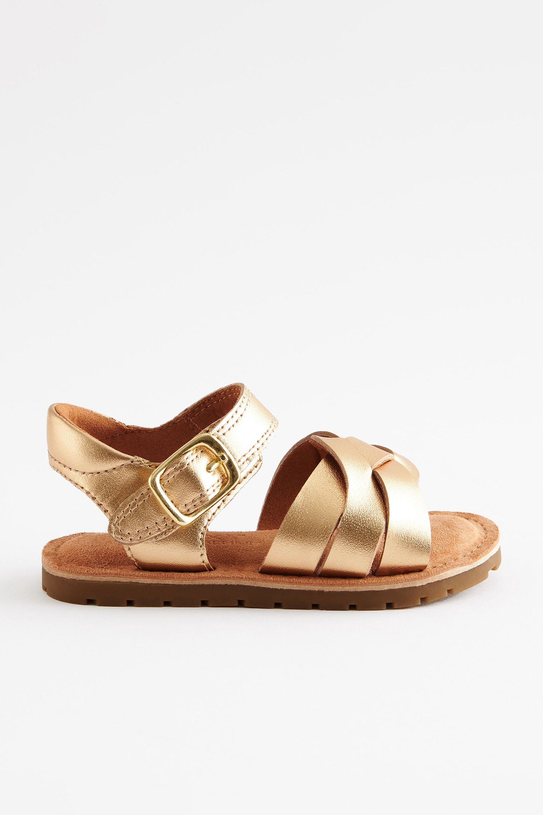 Gold Leather Woven Ankle Strap Sandals