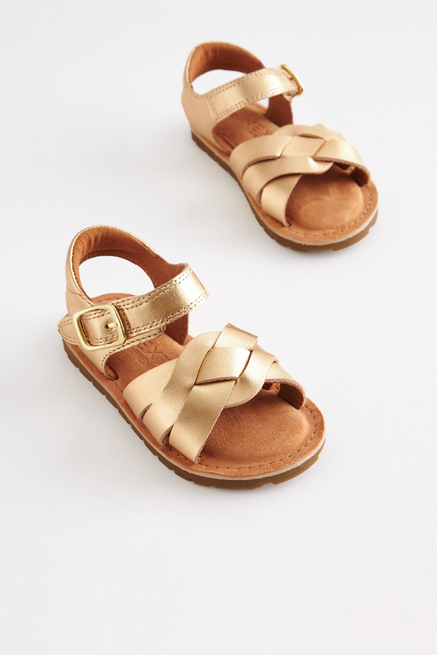 Gold Leather Woven Ankle Strap Sandals