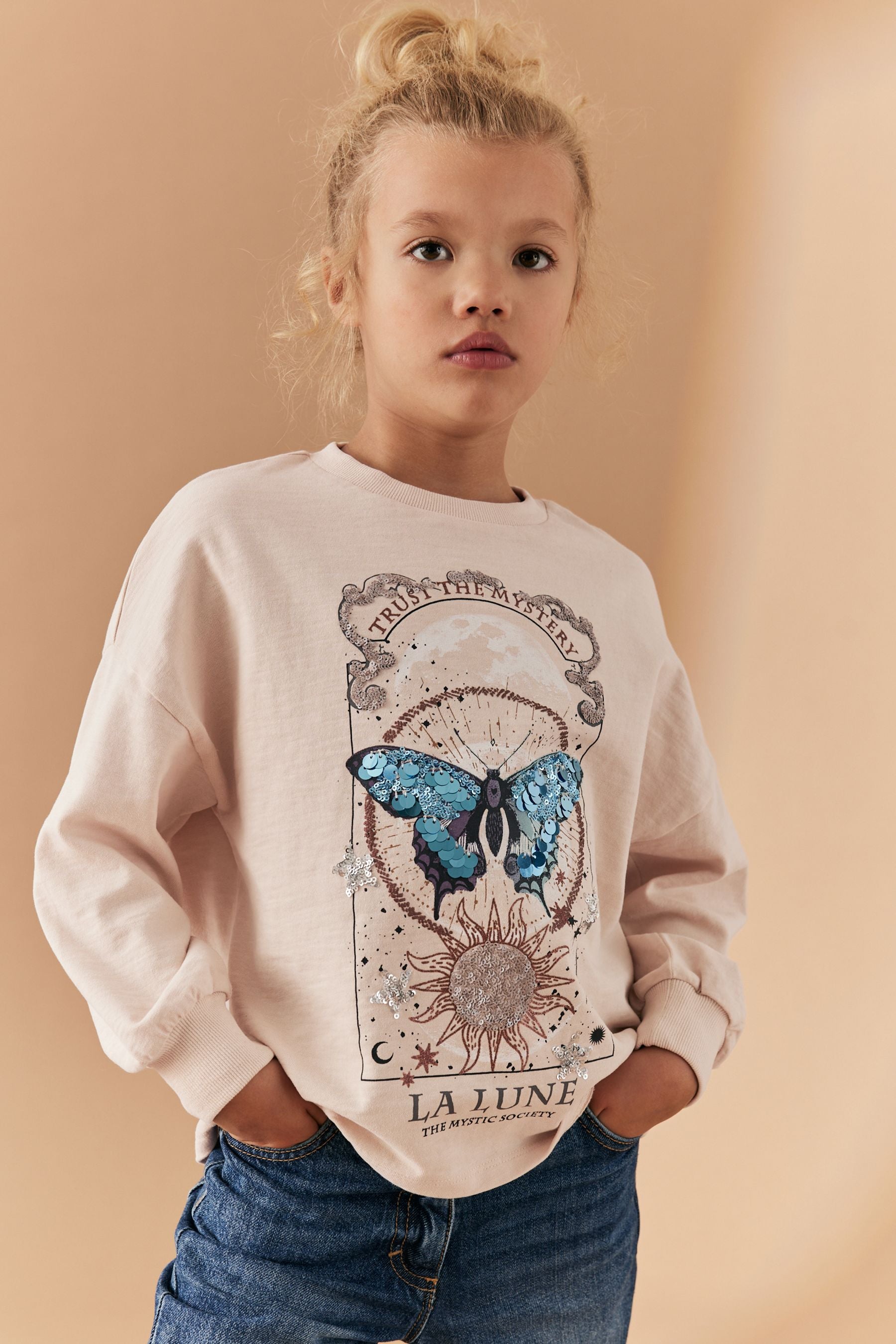 Cream Sequin Butterfly Long Sleeve T-Shirt (3-16yrs)