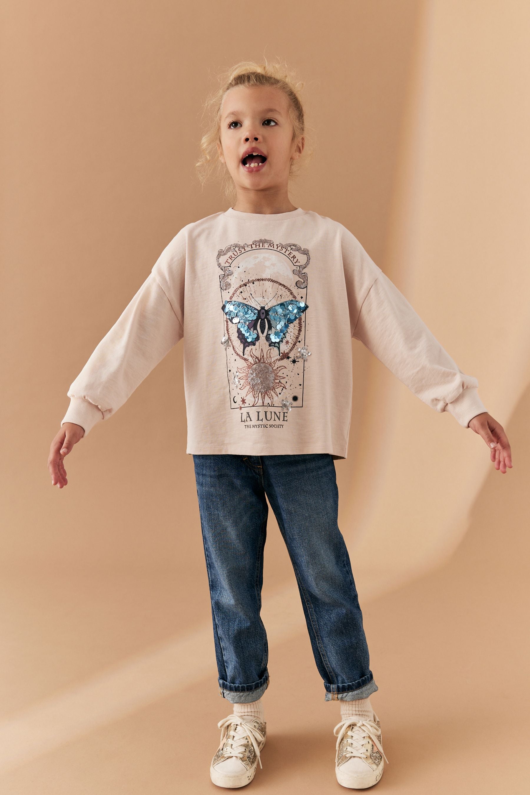 Cream Sequin Butterfly Long Sleeve T-Shirt (3-16yrs)