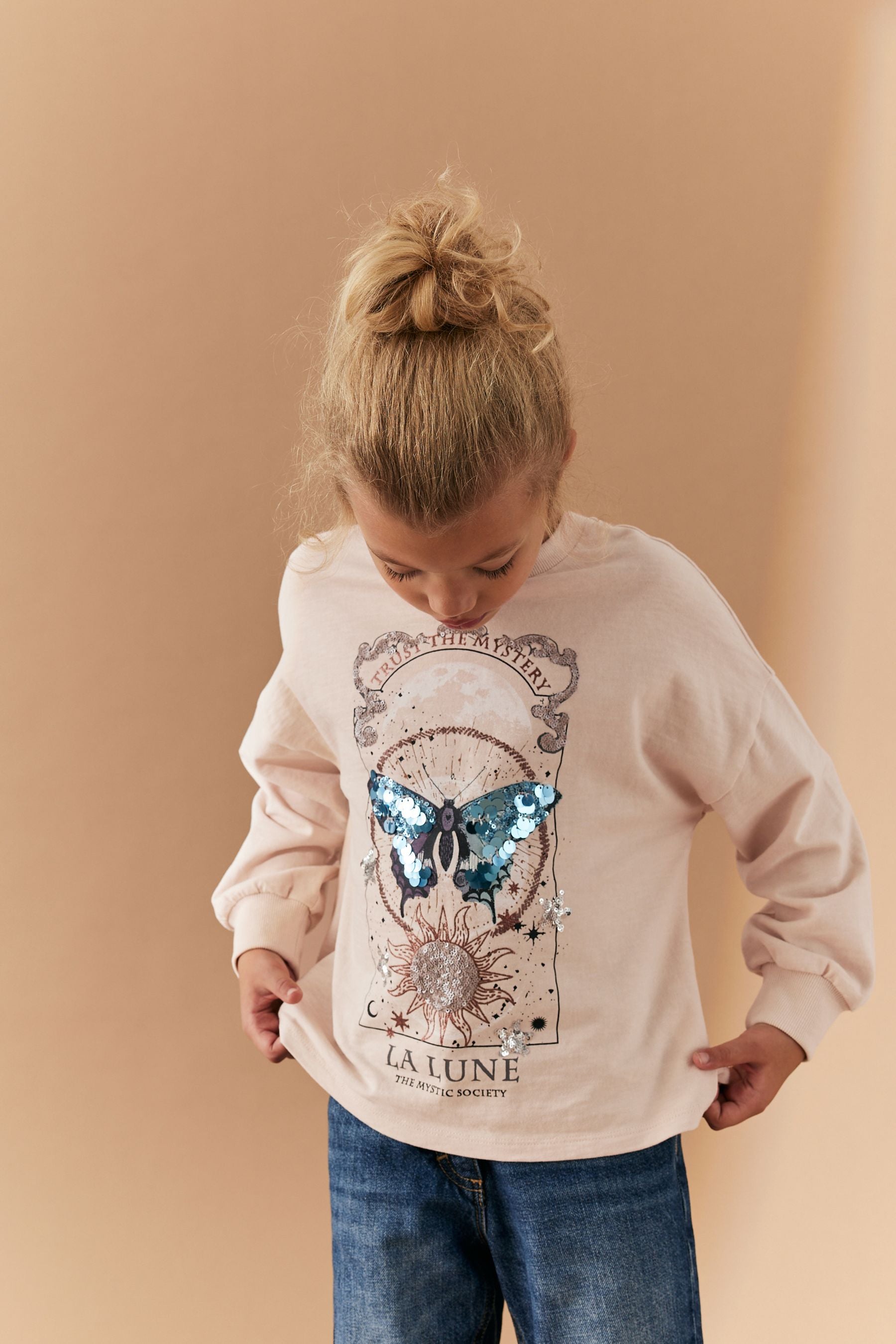 Cream Sequin Butterfly Long Sleeve T-Shirt (3-16yrs)