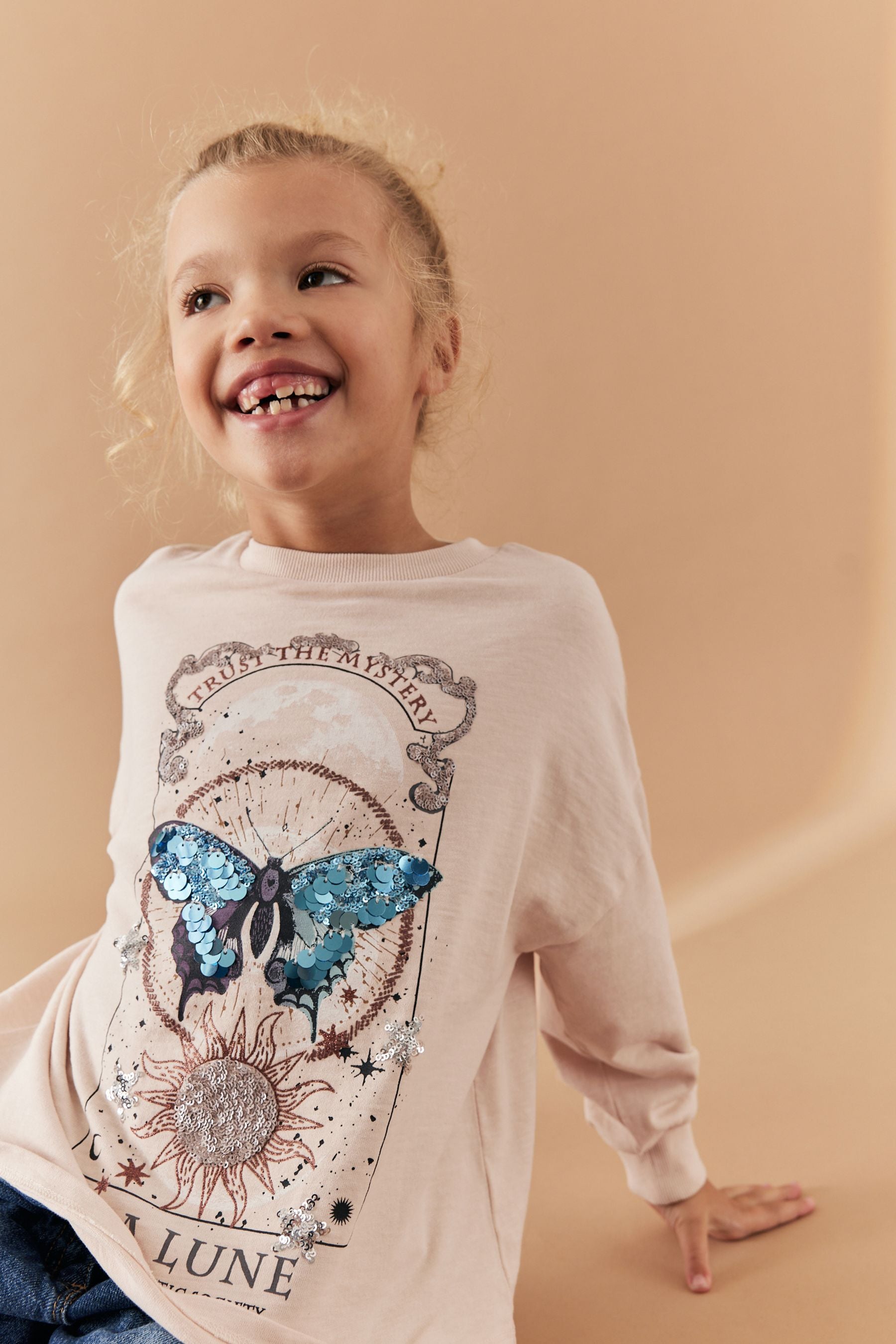 Cream Sequin Butterfly Long Sleeve T-Shirt (3-16yrs)