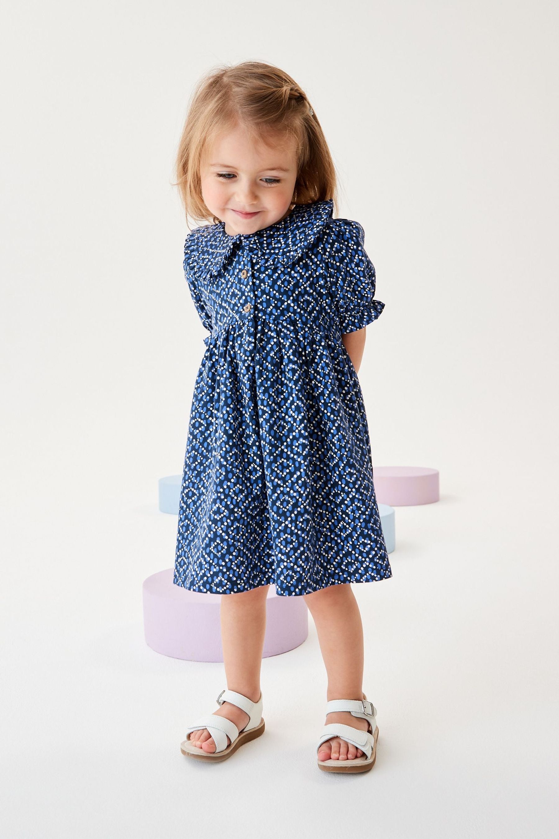 Navy Blue Peter Pan Collar Puff Sleeve Cotton Jersey Dress (3mths-7yrs)