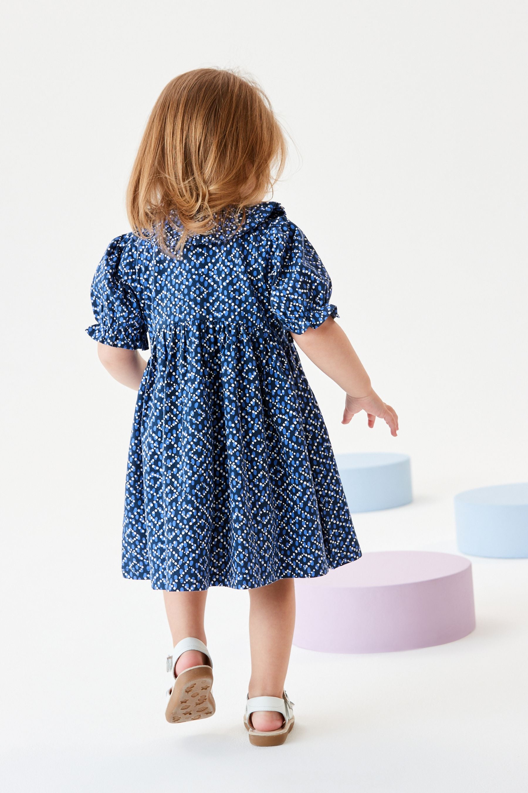 Navy Blue Peter Pan Collar Puff Sleeve Cotton Jersey Dress (3mths-7yrs)