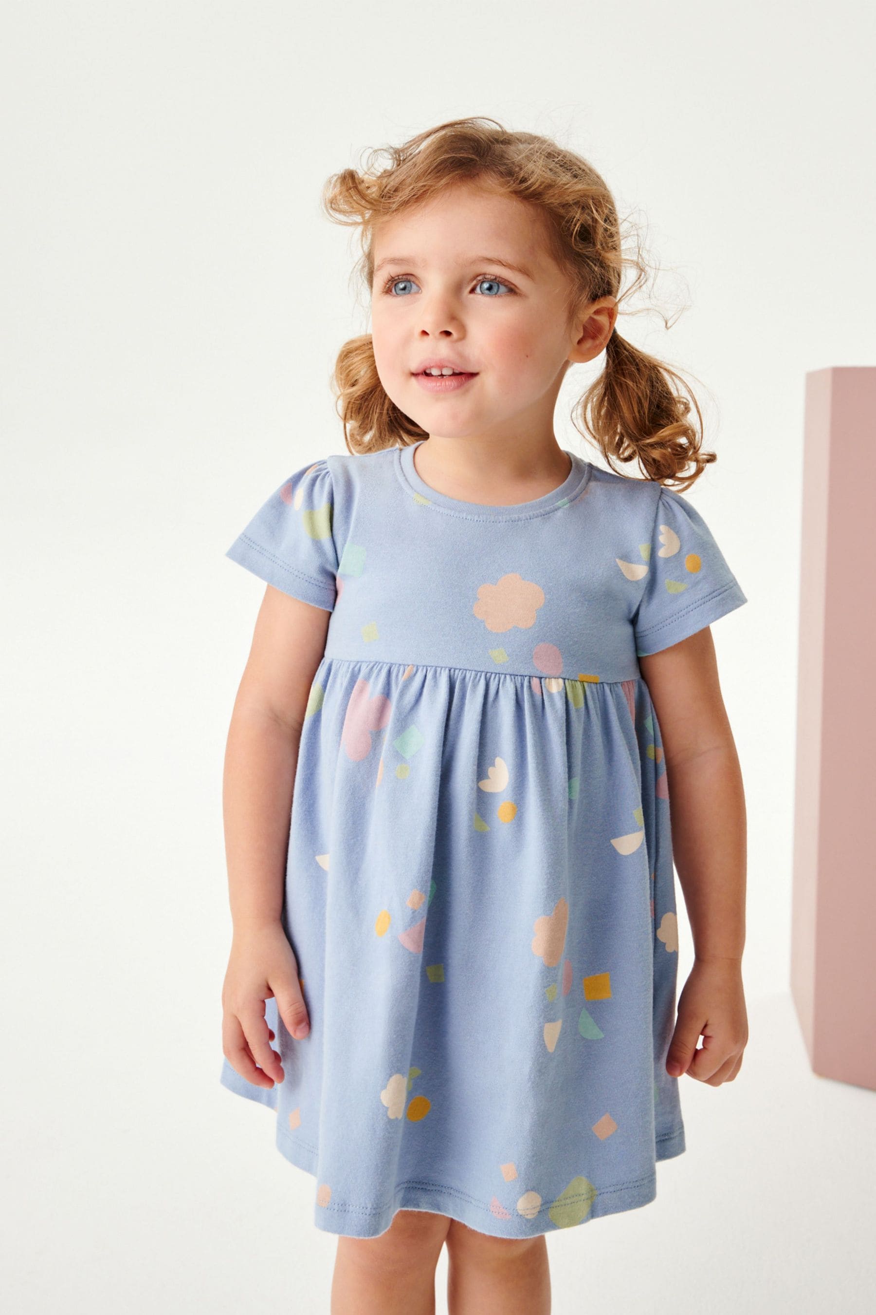 Blue Shapes Short Sleeve Cotton Jersey Dress (3mths-7yrs)