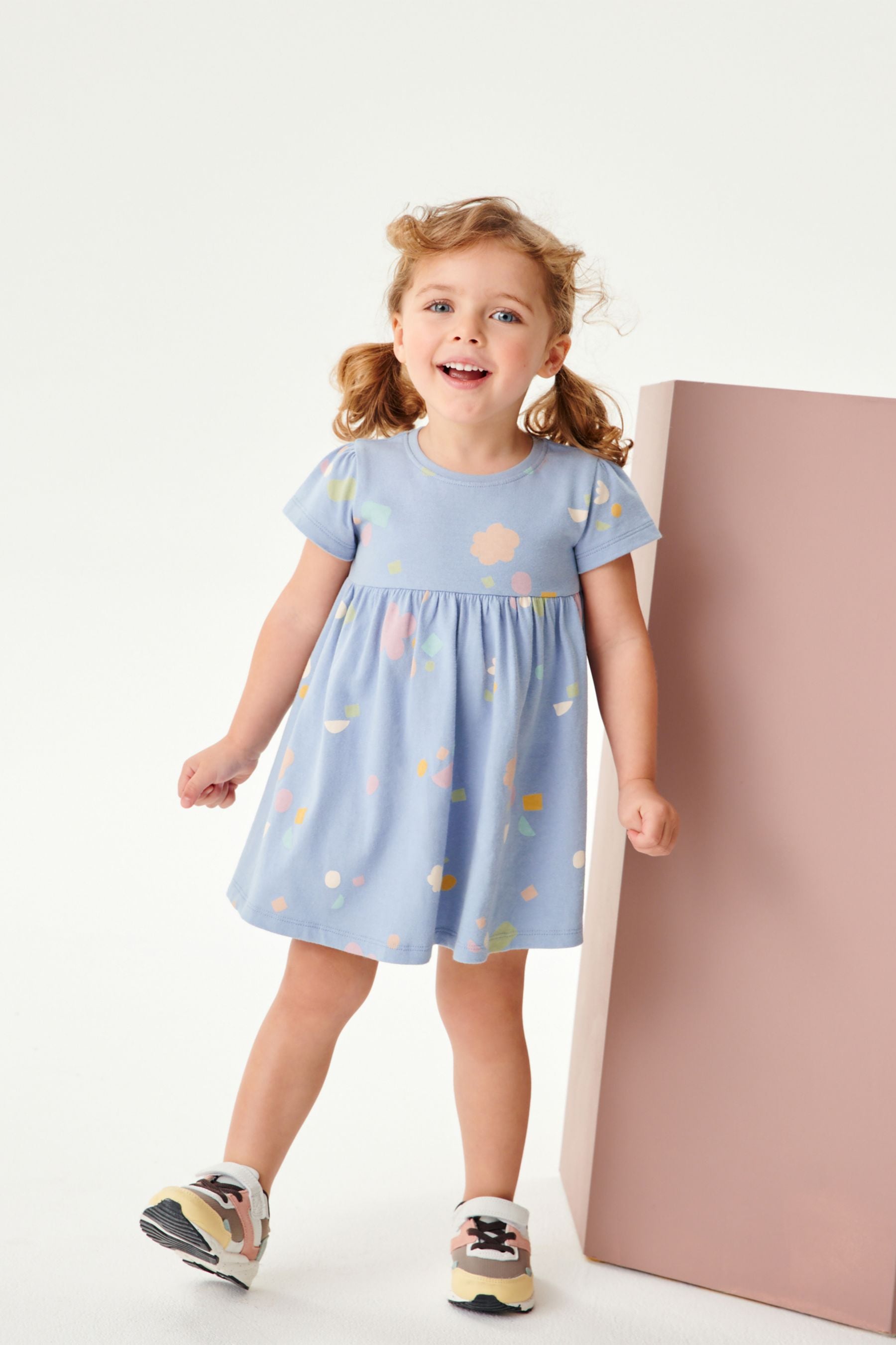 Blue Shapes Short Sleeve Cotton Jersey Dress (3mths-7yrs)