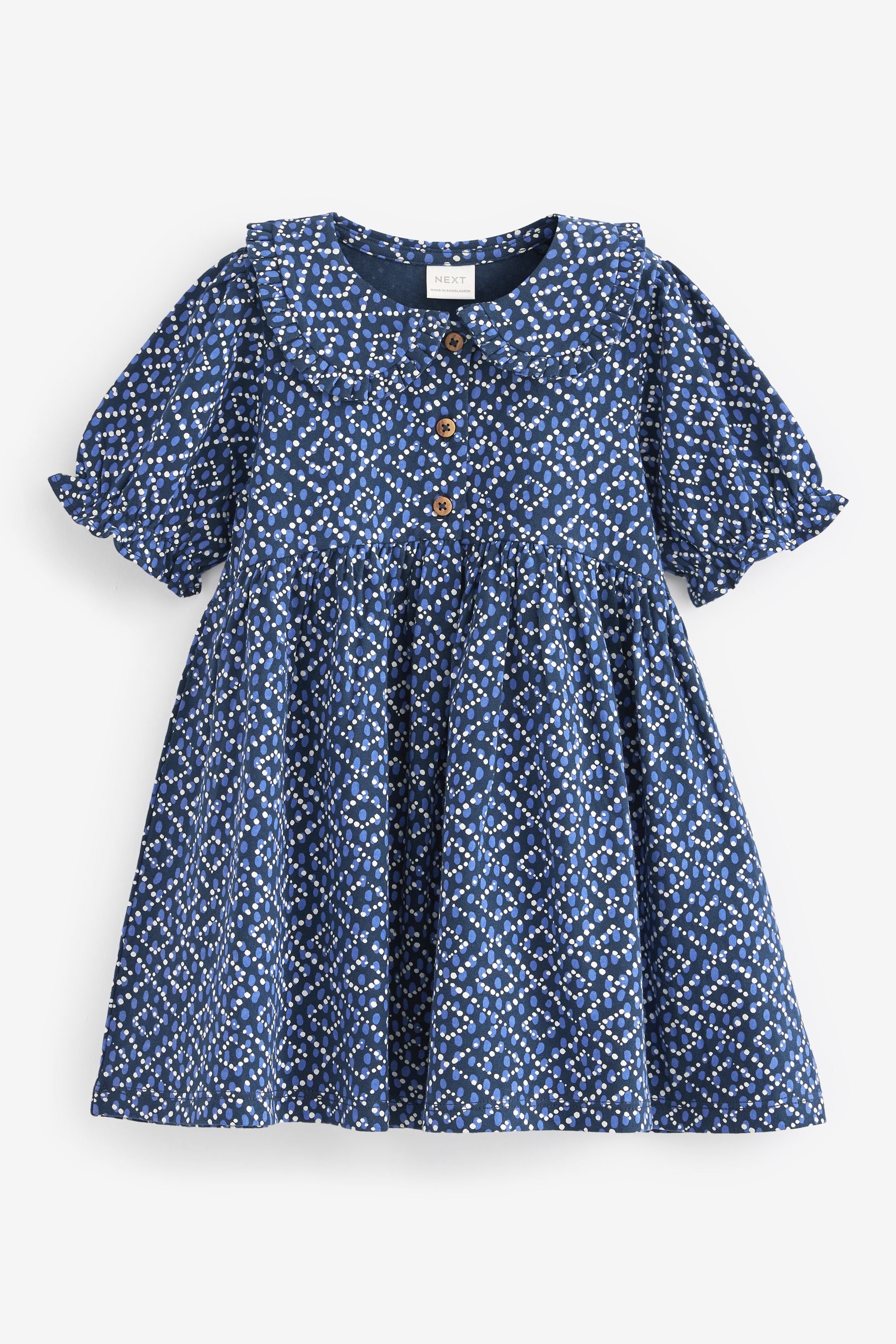 Navy Blue Peter Pan Collar Puff Sleeve Cotton Jersey Dress (3mths-7yrs)