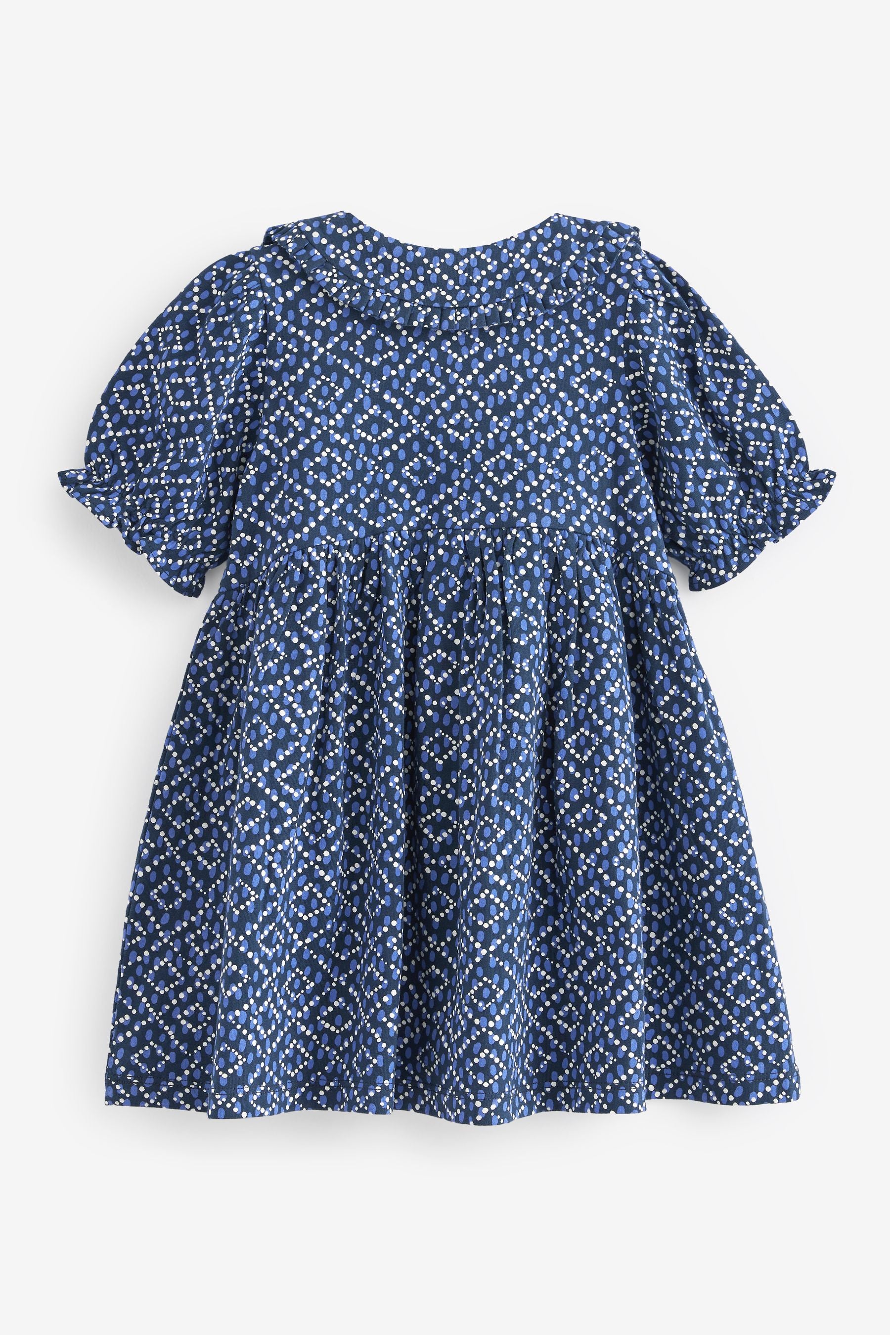 Navy Blue Peter Pan Collar Puff Sleeve Cotton Jersey Dress (3mths-7yrs)