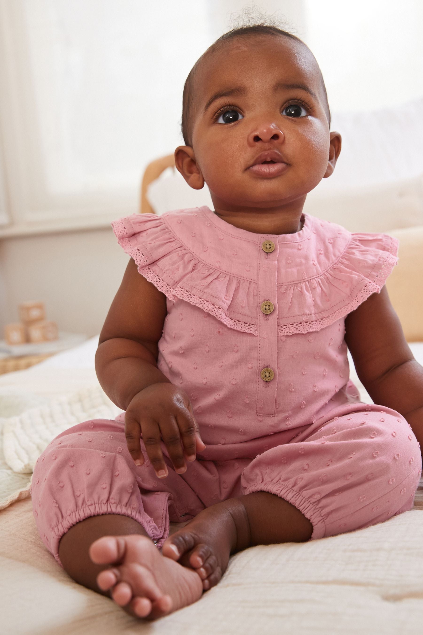 Pink Woven Yoke Frill Baby Jumpsuit (0mths-2yrs)