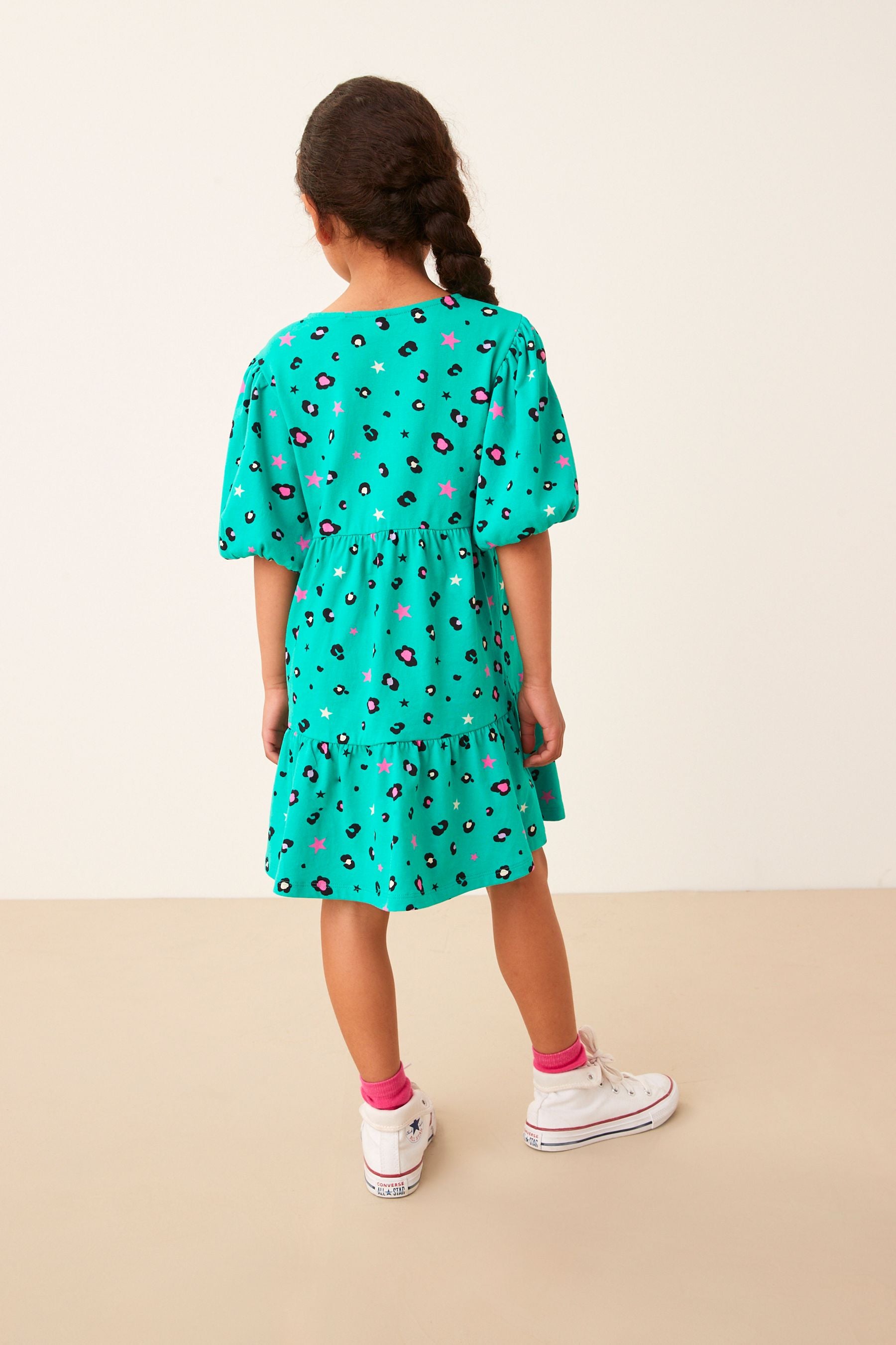 Multi Animal Print Puff Sleeved Tiered Jersey Dress (3-16yrs)