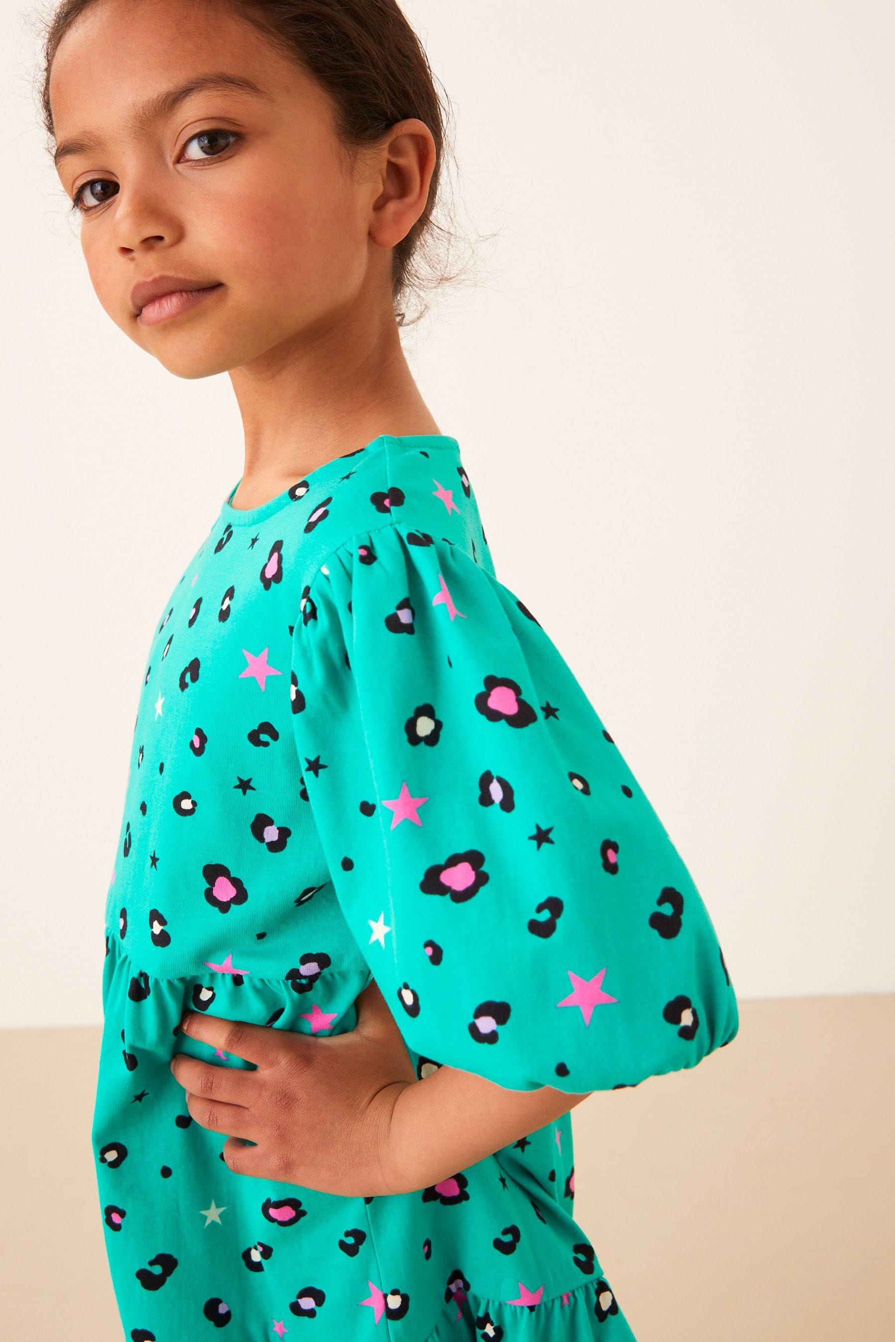 Multi Animal Print Puff Sleeved Tiered Jersey Dress (3-16yrs)