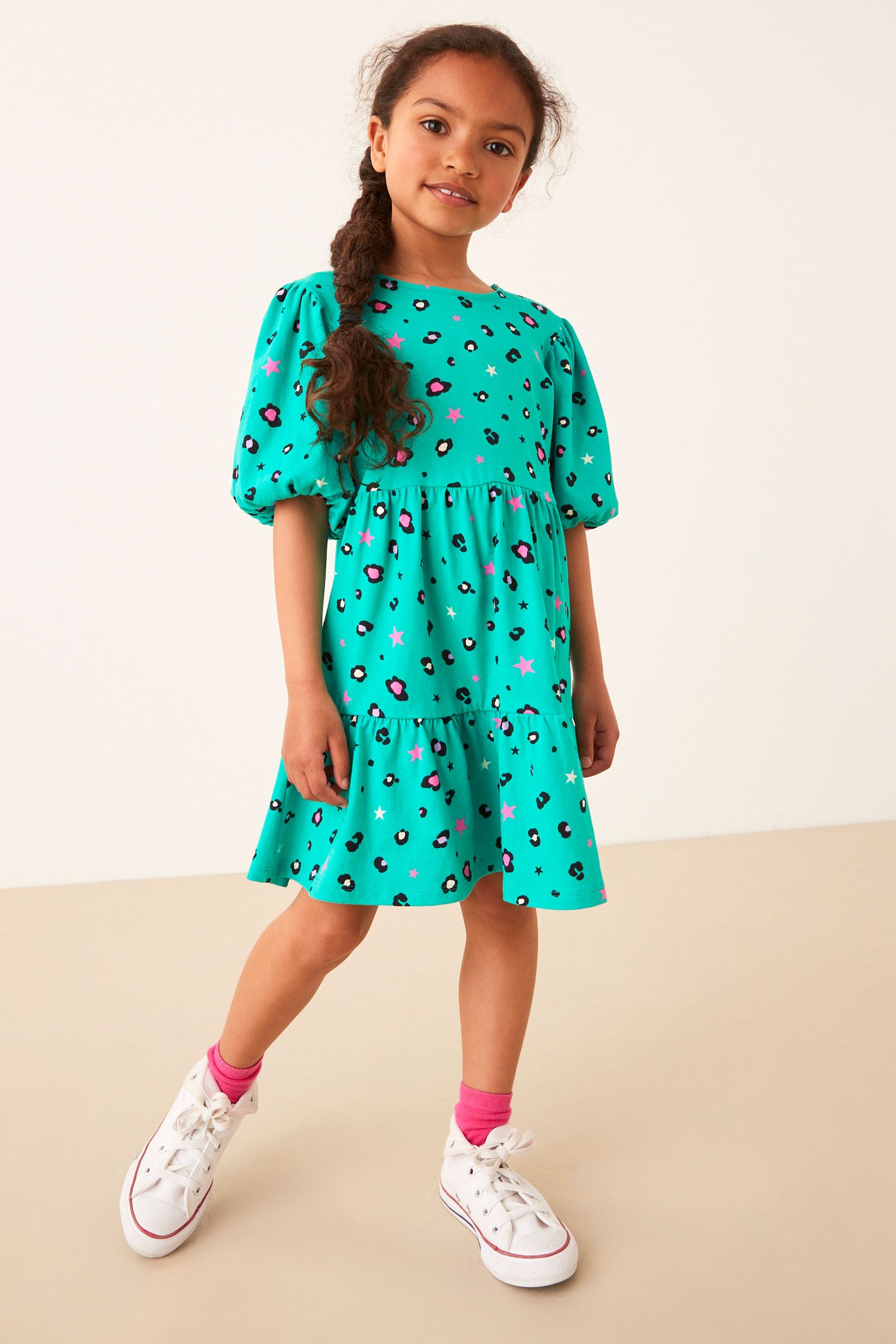 Multi Animal Print Puff Sleeved Tiered Jersey Dress (3-16yrs)