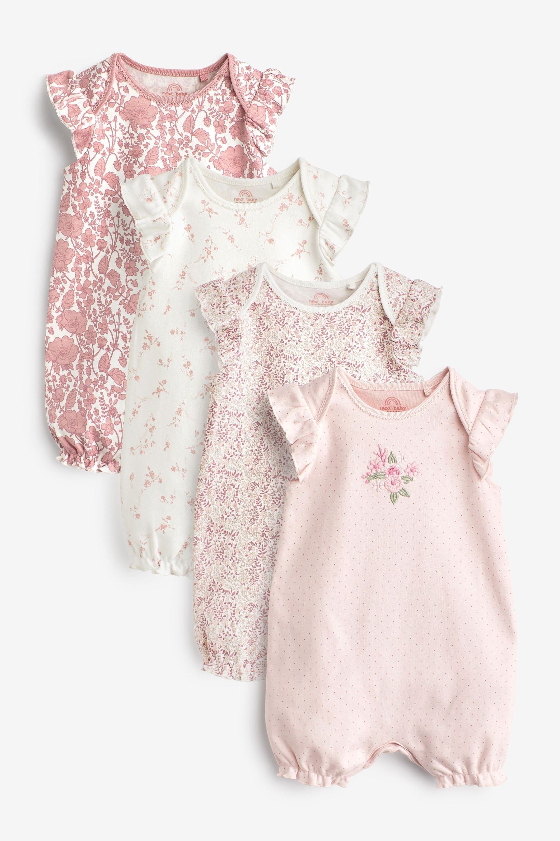 Pale Pink Floral 4 Pack Printed Baby Rompers