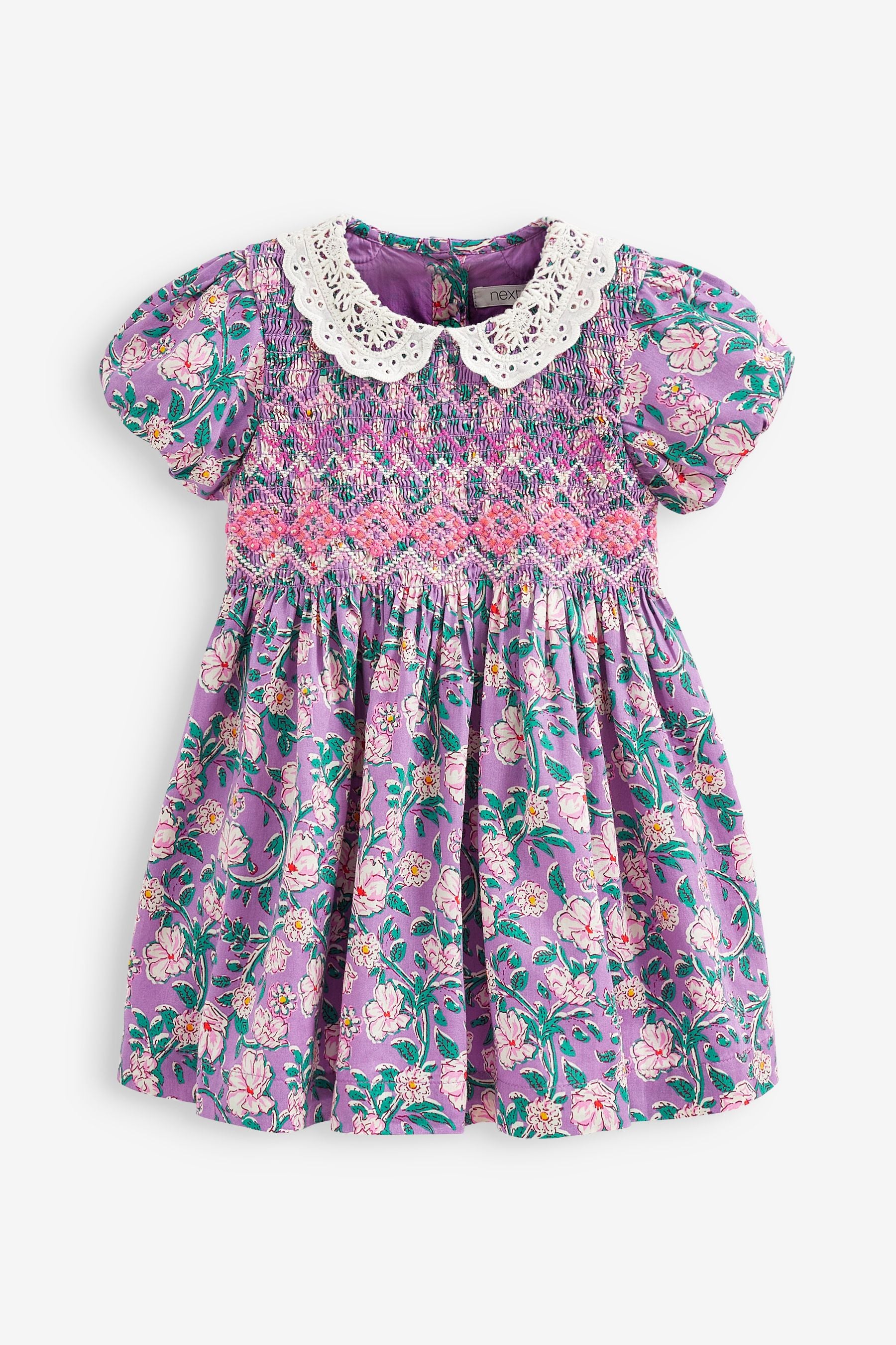 Lilac Purple Printed Lace Collar Shirred Cotton Dress (3mths-7yrs)