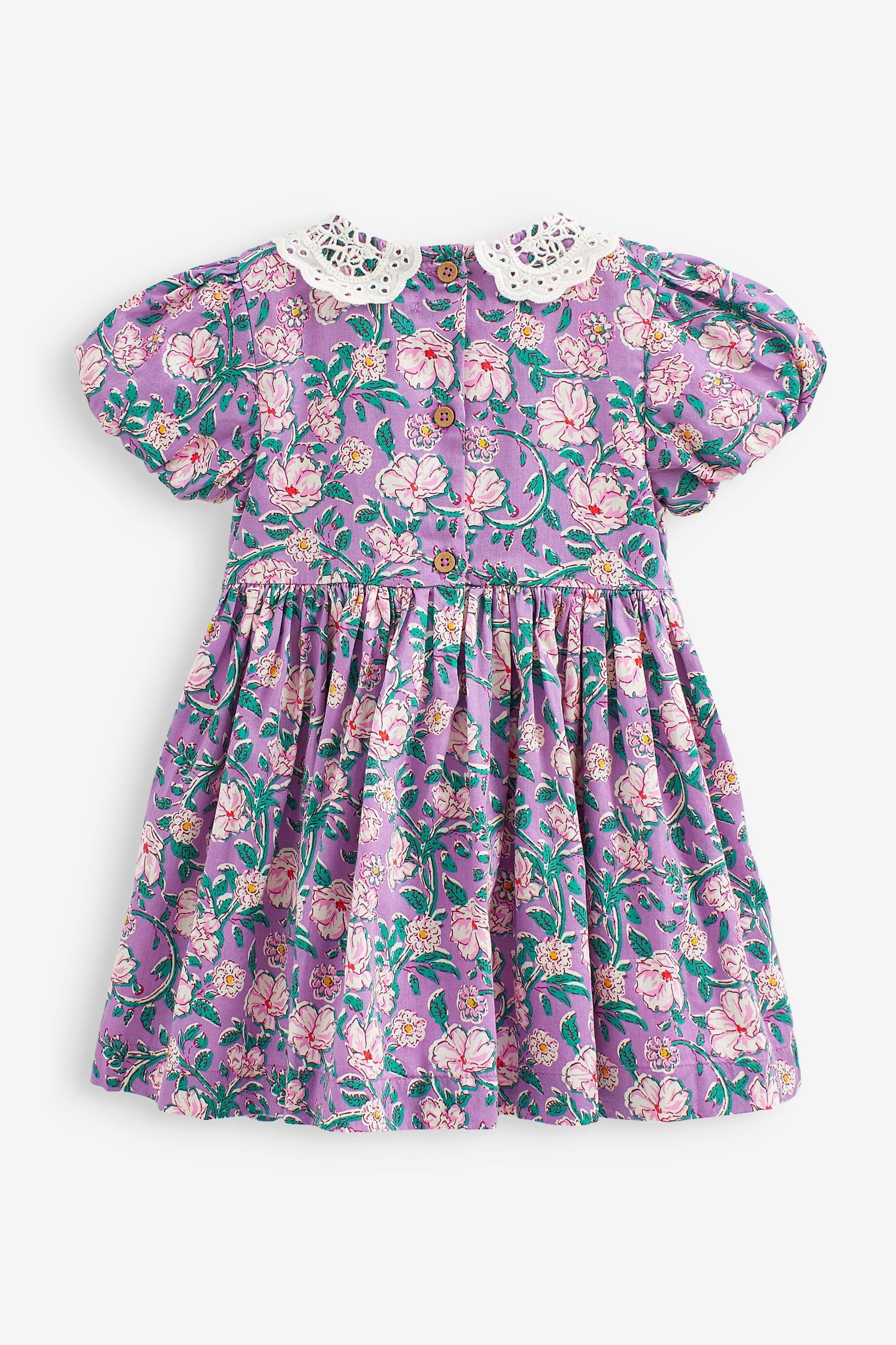 Lilac Purple Printed Lace Collar Shirred Cotton Dress (3mths-7yrs)